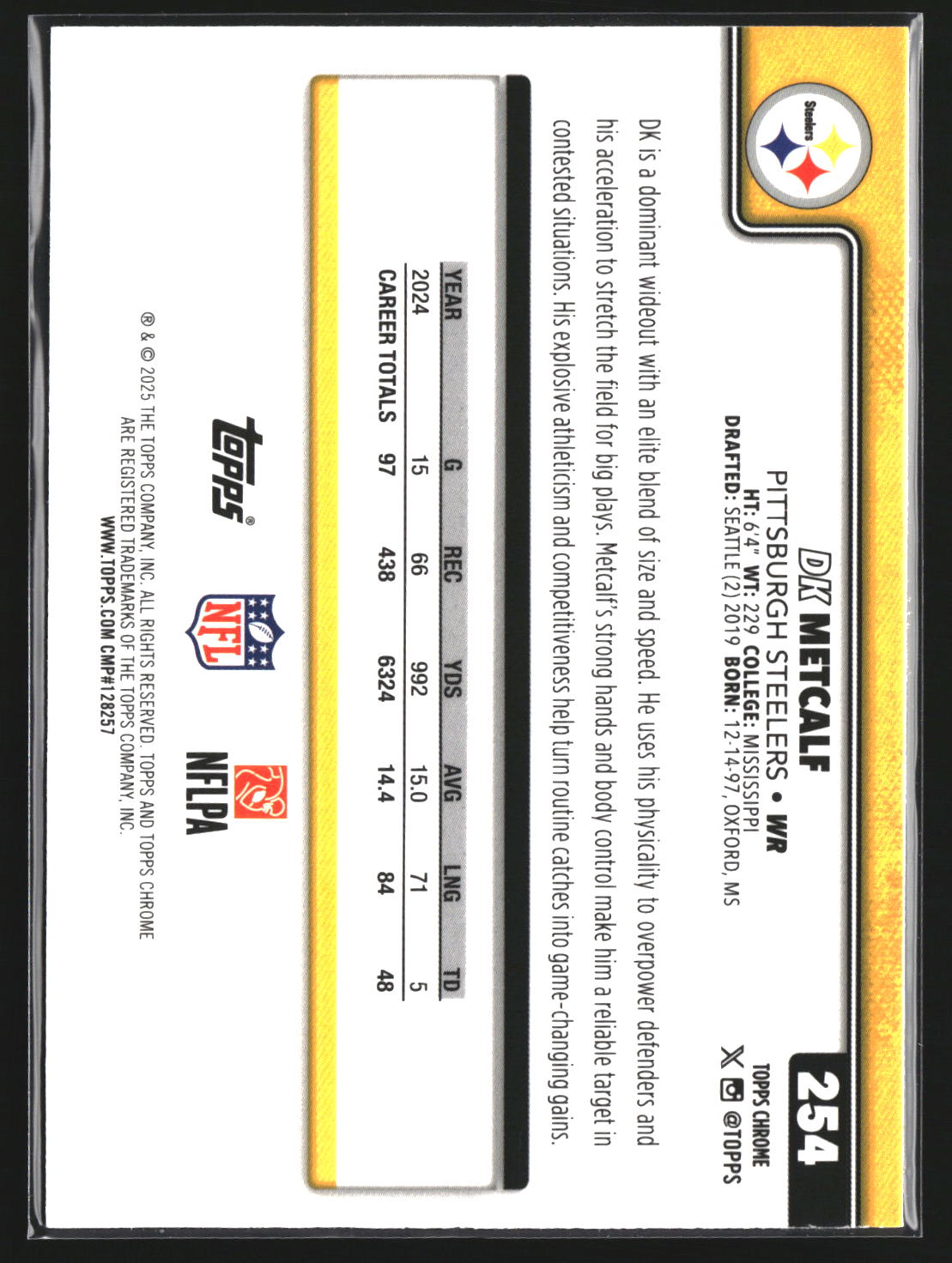 DK Metcalf 2025 Topps Chrome 254 X-Fractor Pittsburgh Steelers