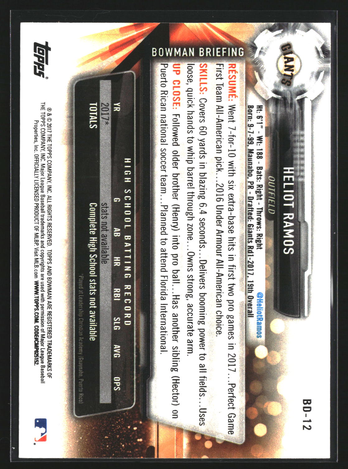Heliot Ramos 2017 Bowman Draft BD-12 San Francisco Giants