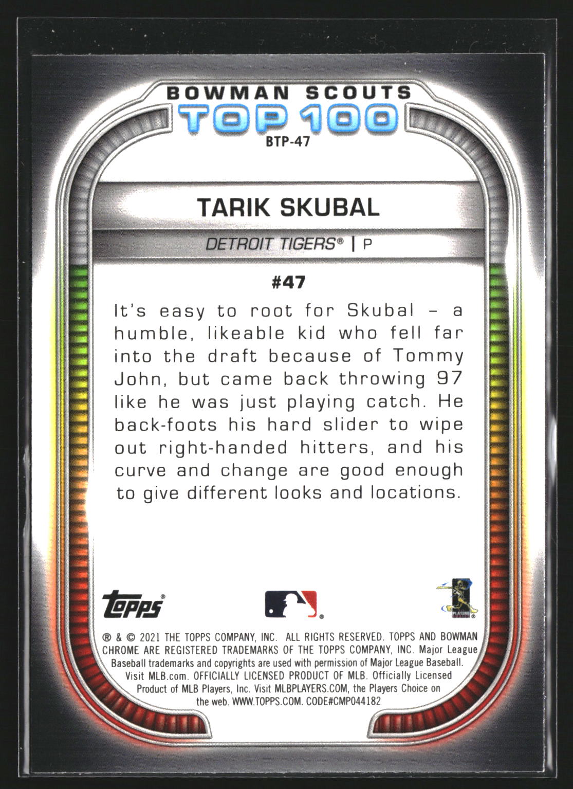 Tarik Skubal 2021 Bowman BTP-47 Chrome Bowman Scouts Top 100 Detroit Tigers