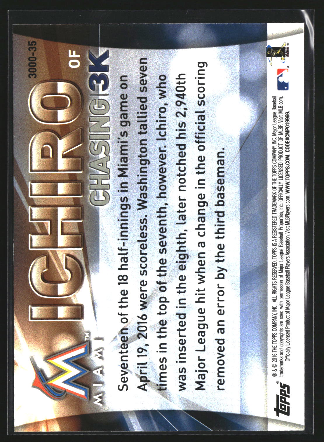 Ichiro 2016 Topps Update 3000-35 Chasing 3K Miami Marlins