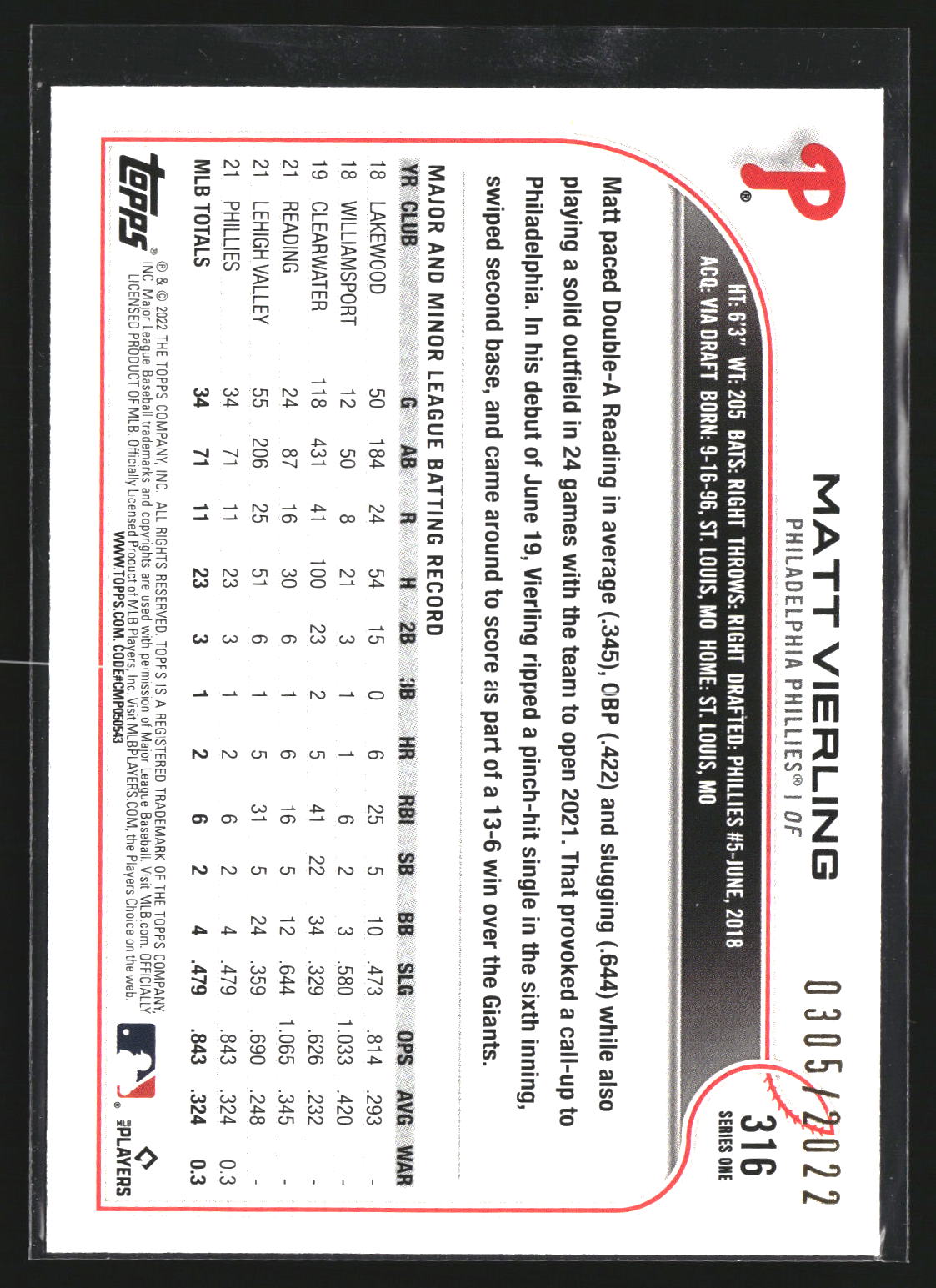Matt Vierling 2022 Topps 316 Gold SN, RC RC Philadelphia Phillies