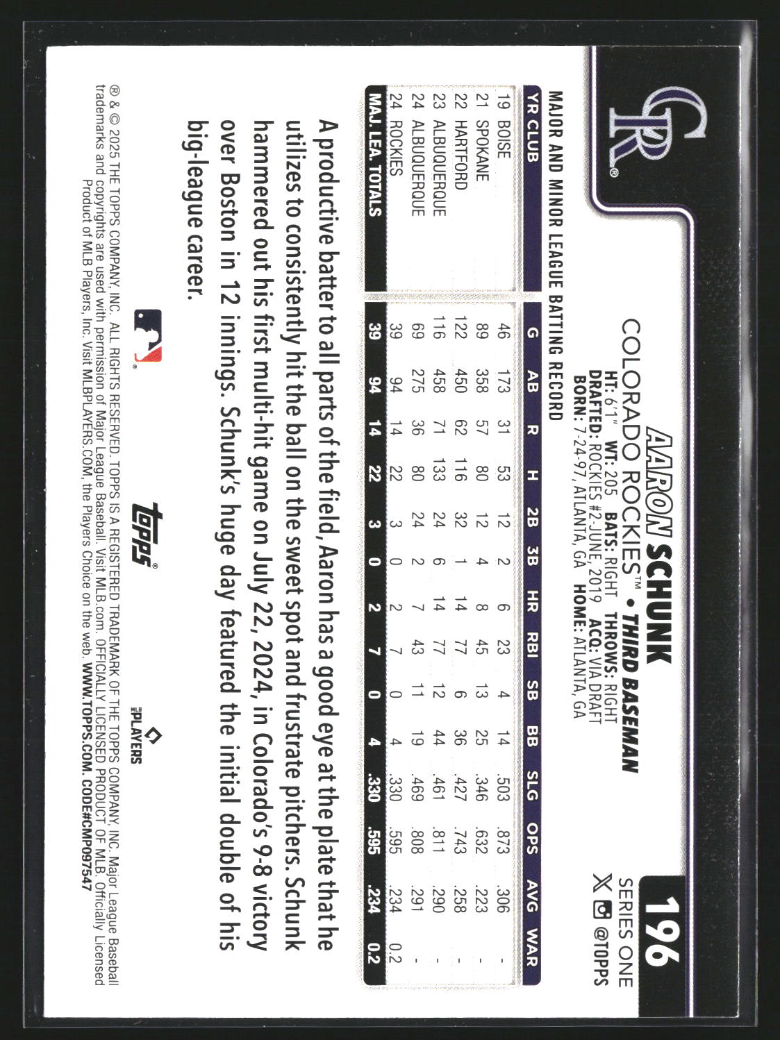Aaron Schunk 2025 Topps 196 RC RC Colorado Rockies