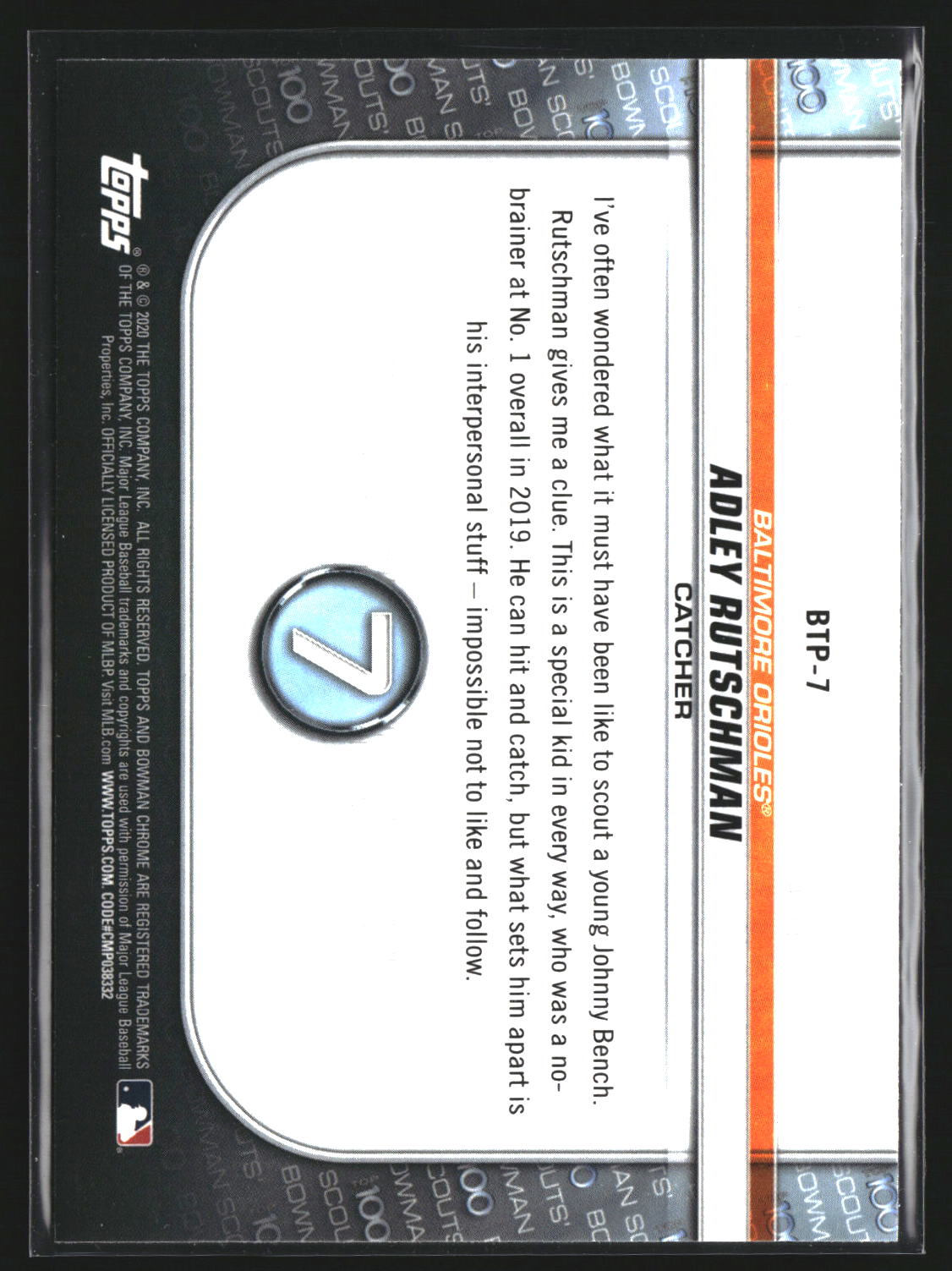 Adley Rutschman 2020 Bowman BTP-7 Chrome Bowman Scouts Top 100 Baltimore Orioles