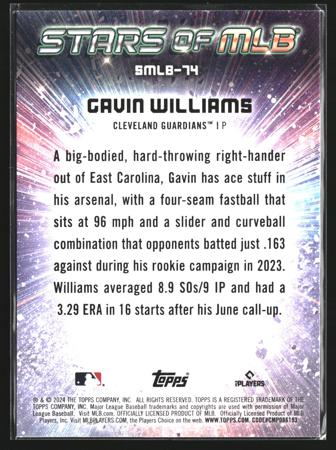 Gavin Williams 2024 Topps Update SMLB-74 Stars of MLB Cleveland Guardians