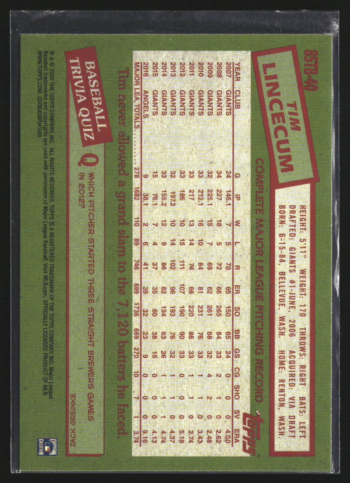 Tim Lincecum 2020 Topps Update 85TB-40 1985 Topps Baseball 35th Giants