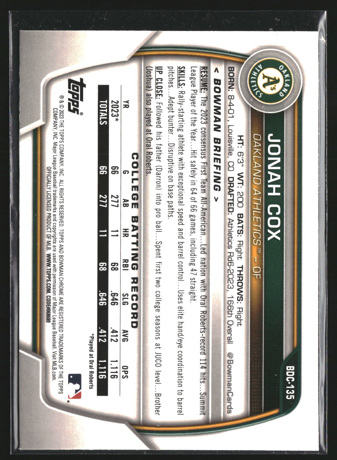 Jonah Cox 2023 Bowman Draft BDC-135 Chrome Sparkle Refractor Oakland Athletics