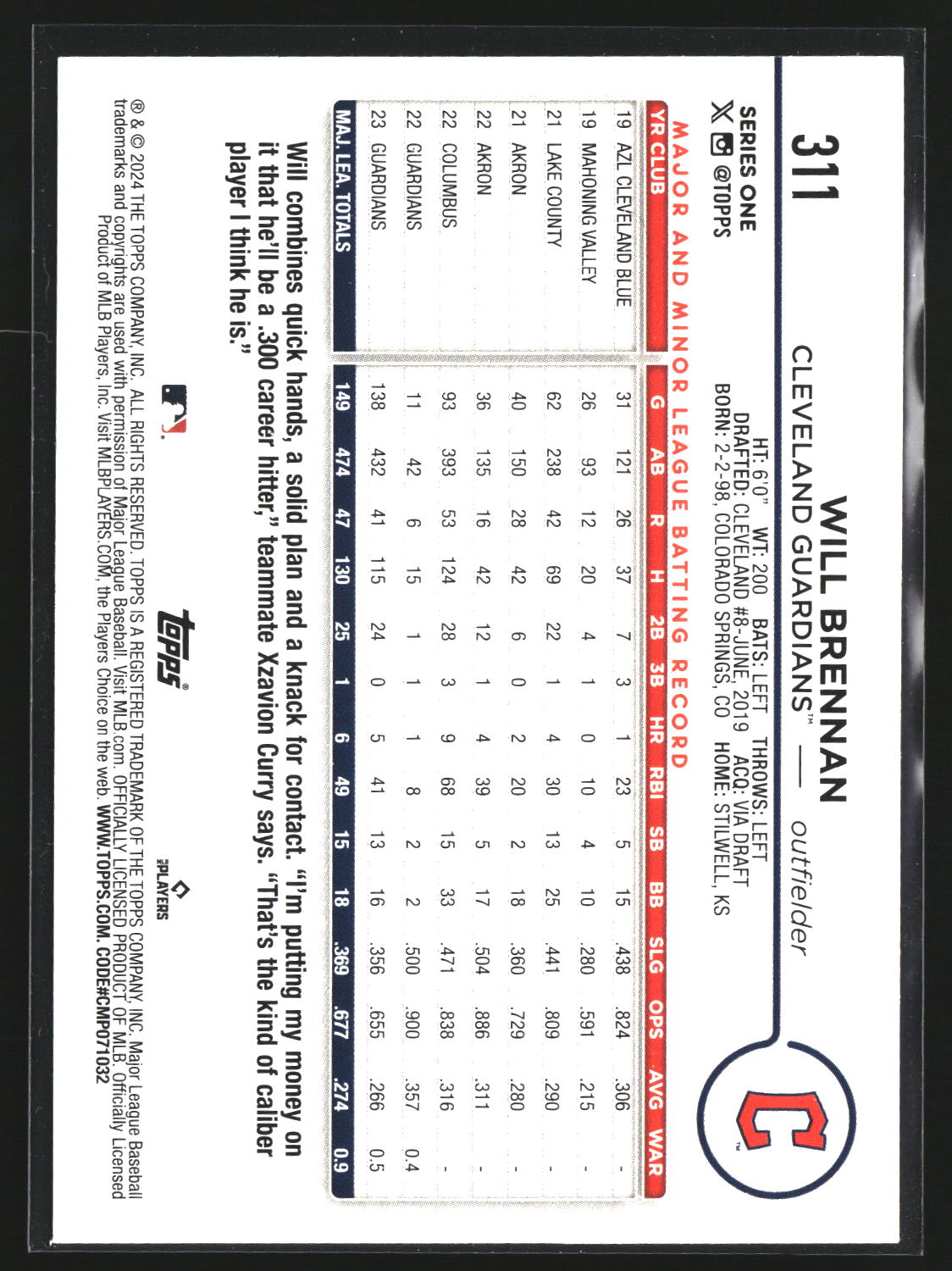 Will Brennan 2024 Topps 311 Cleveland Guardians