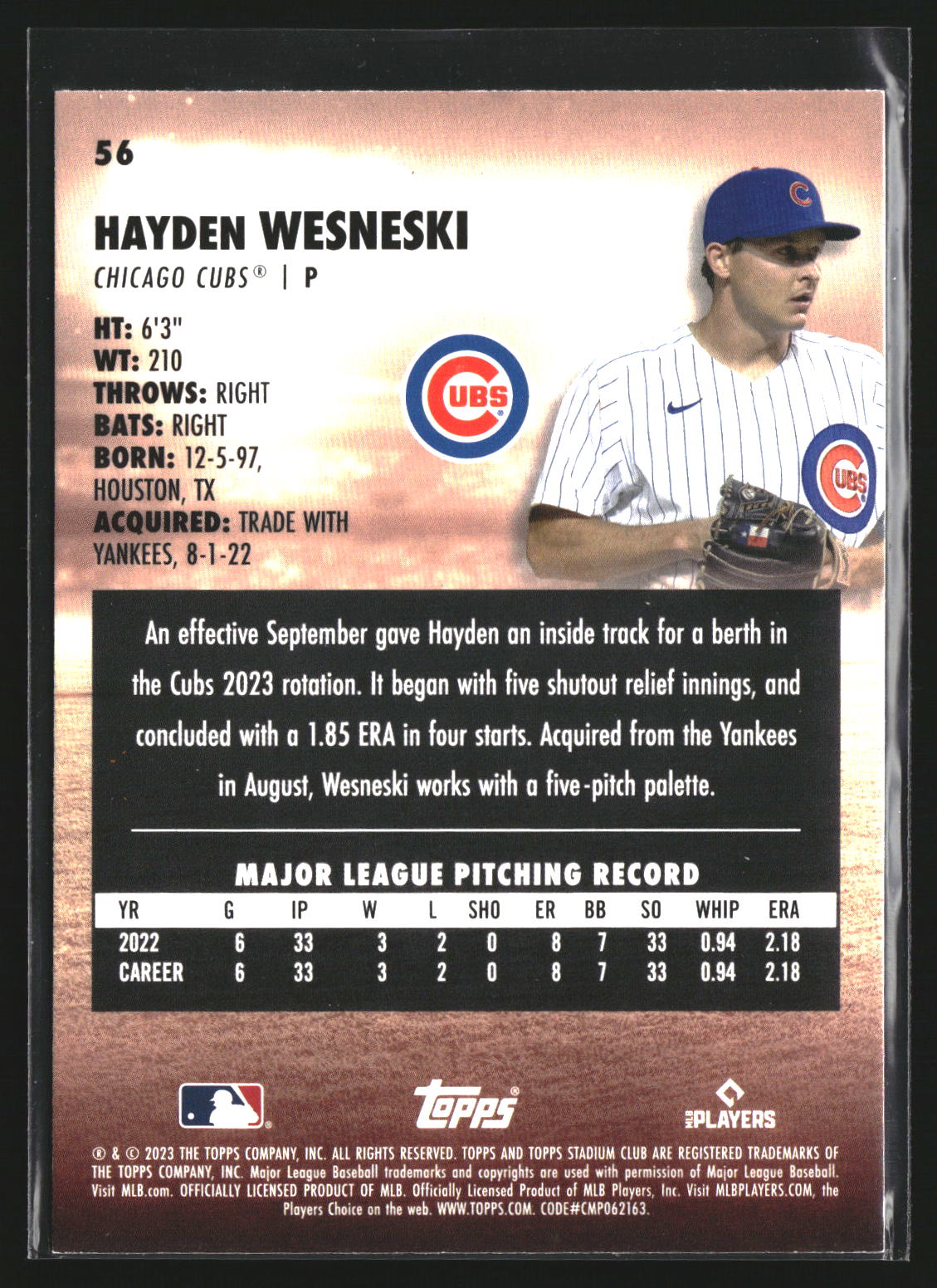 Hayden Wesneski 2023 Stadium Club 56 Sepia RC RC Chicago Cubs