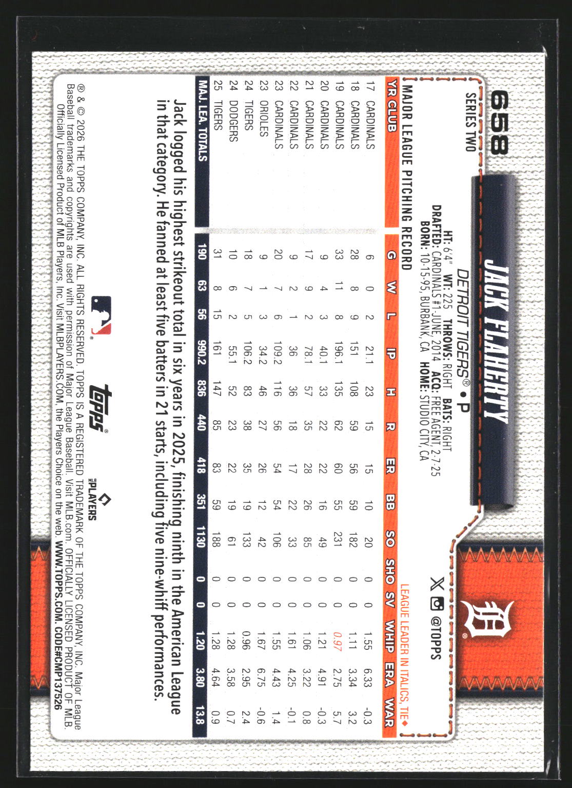 Jack Flaherty 2026 Topps 658 Holiday Detroit Tigers