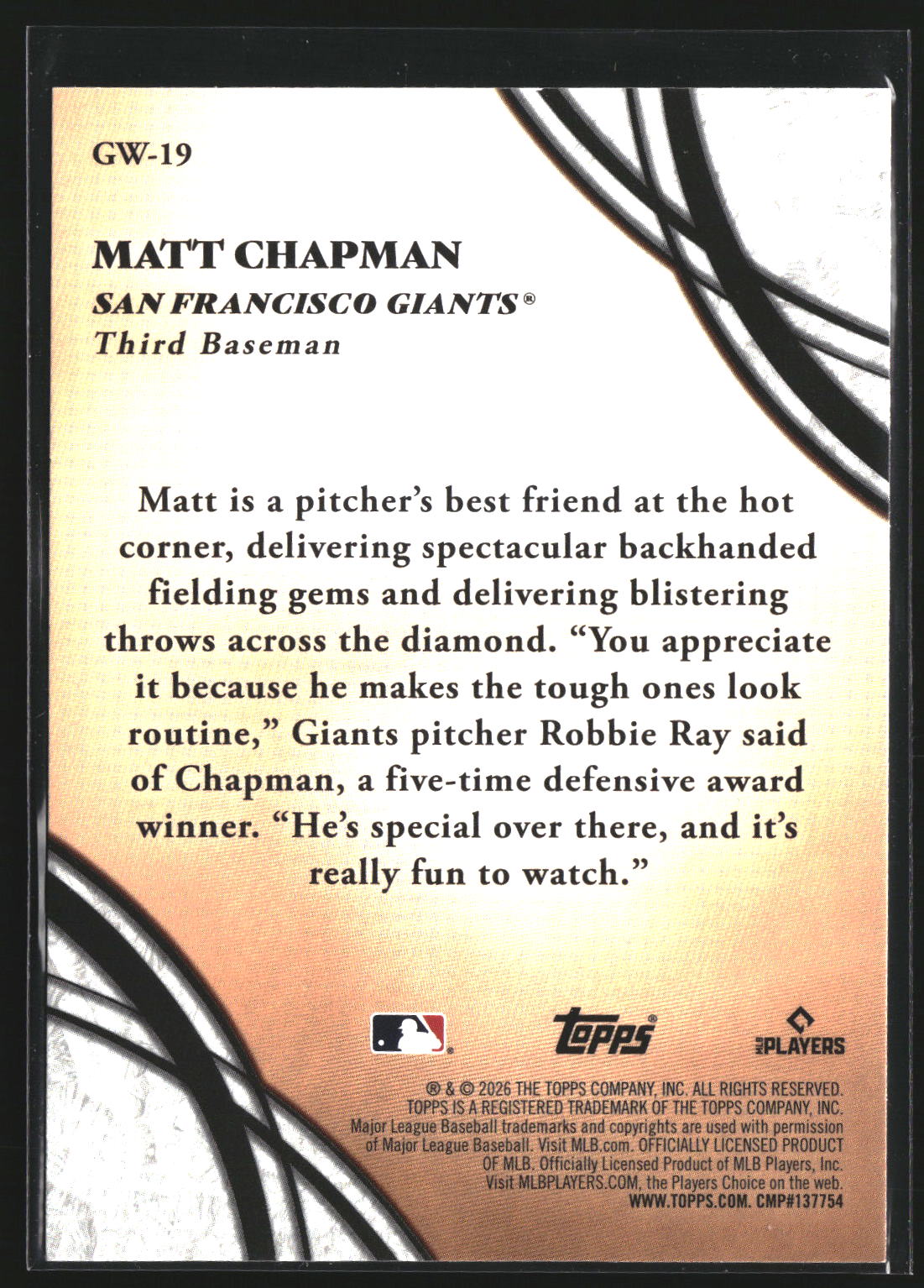 Matt Chapman 2026 Topps GW-19 Glove Work San Francisco Giants