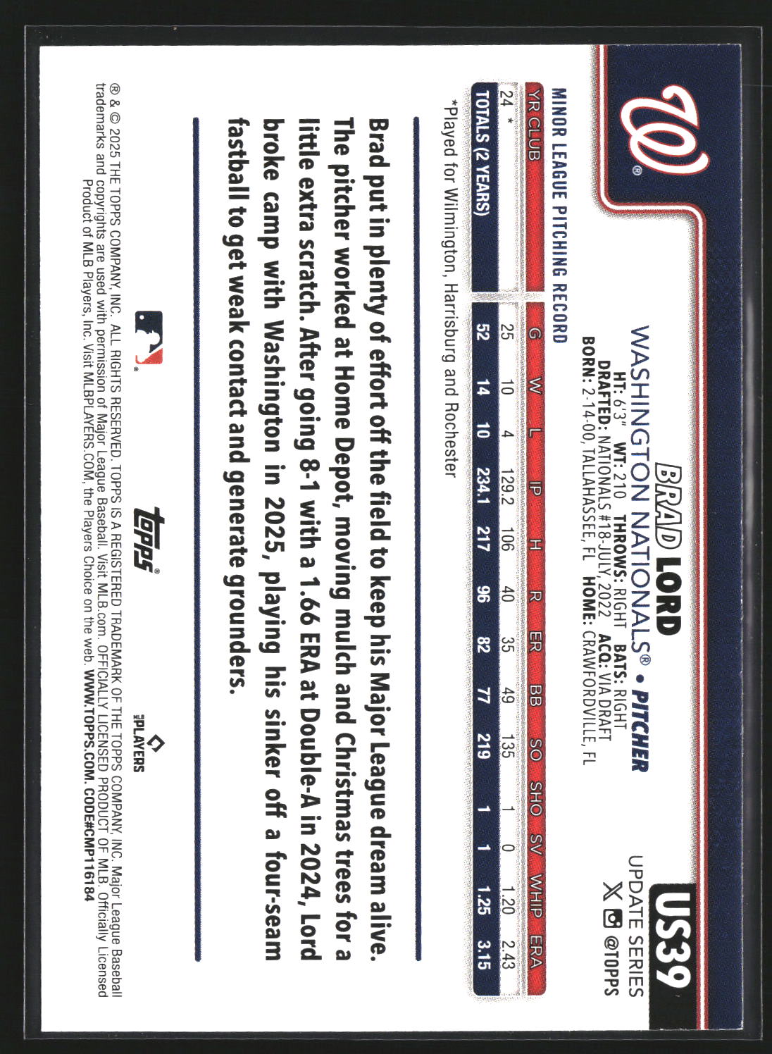 Brad Lord 2025 Topps Update US39 RC RC Washington Nationals