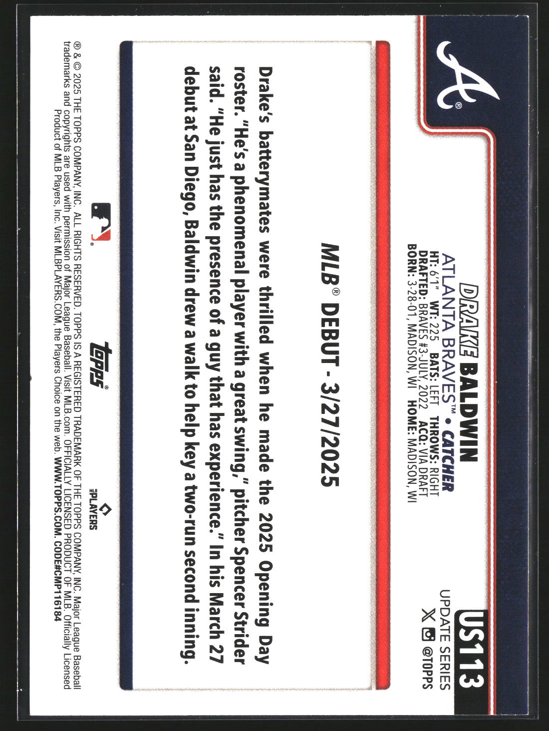 Drake Baldwin 2025 Topps Update US113 Atlanta Braves