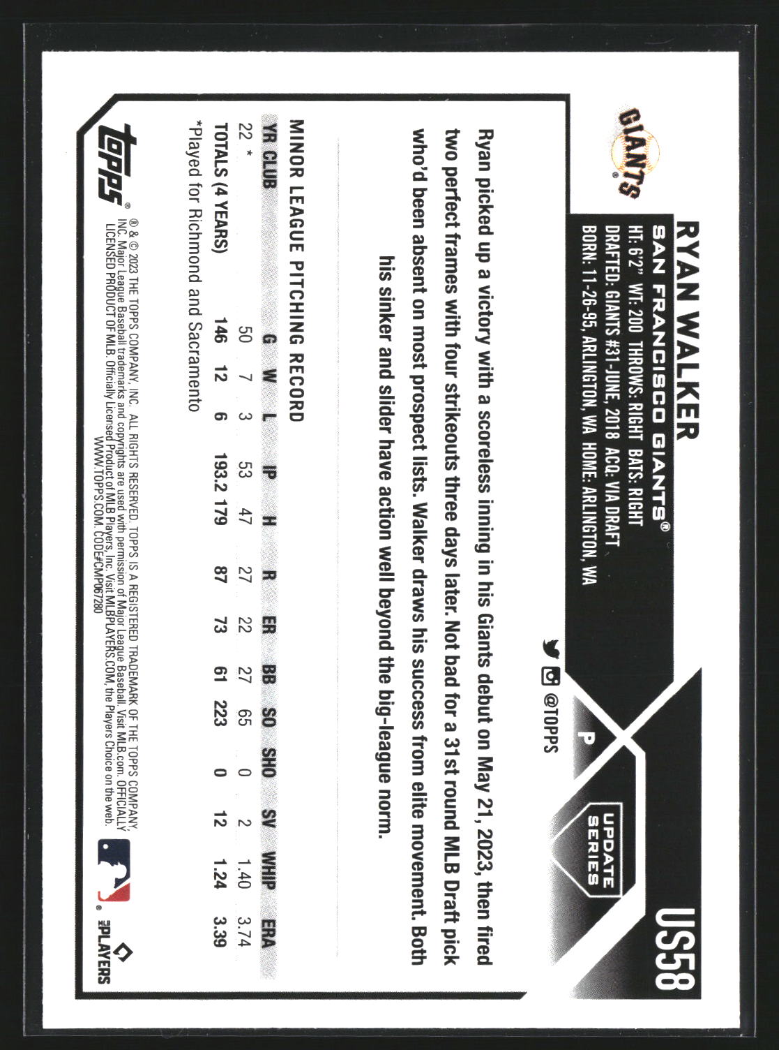 Ryan Walker 2023 Topps Update US58 RC RC San Francisco Giants