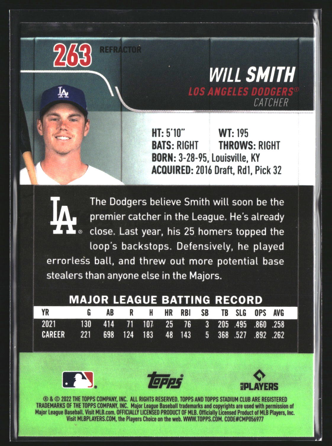 Will Smith 2022 Stadium Club Chrome 263 Refractor Los Angeles Dodgers