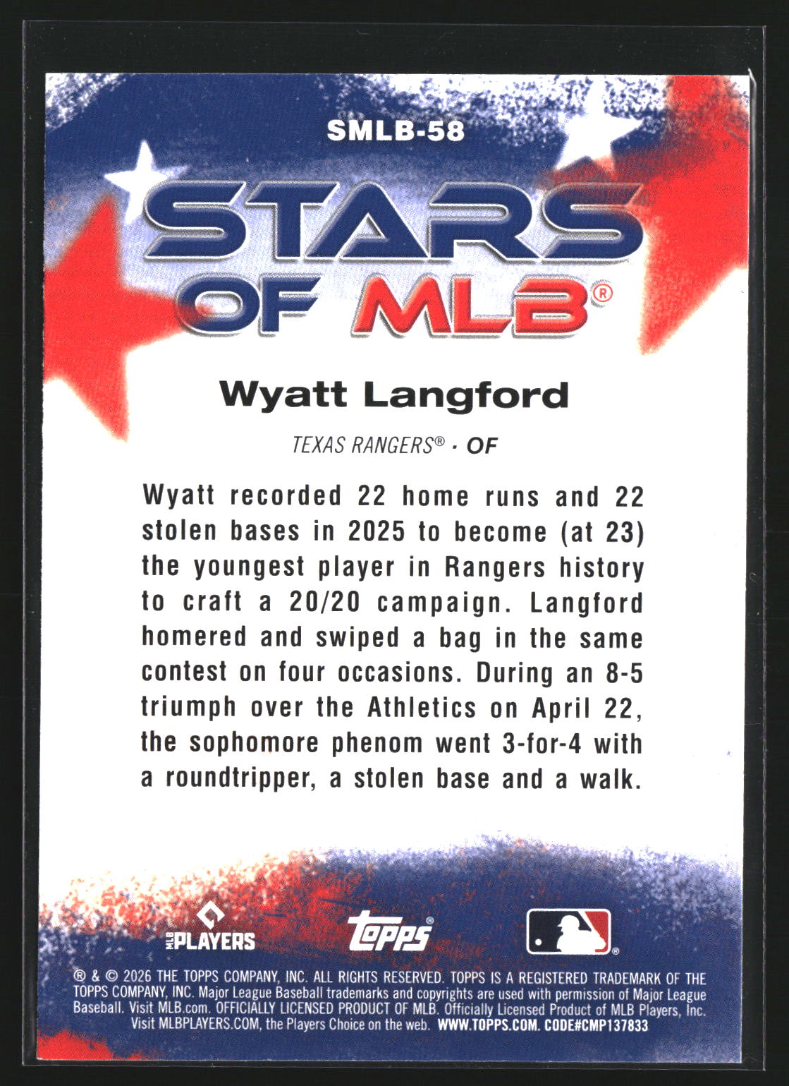 Wyatt Langford 2026 Topps SMLB-58 Stars of MLB Texas Rangers