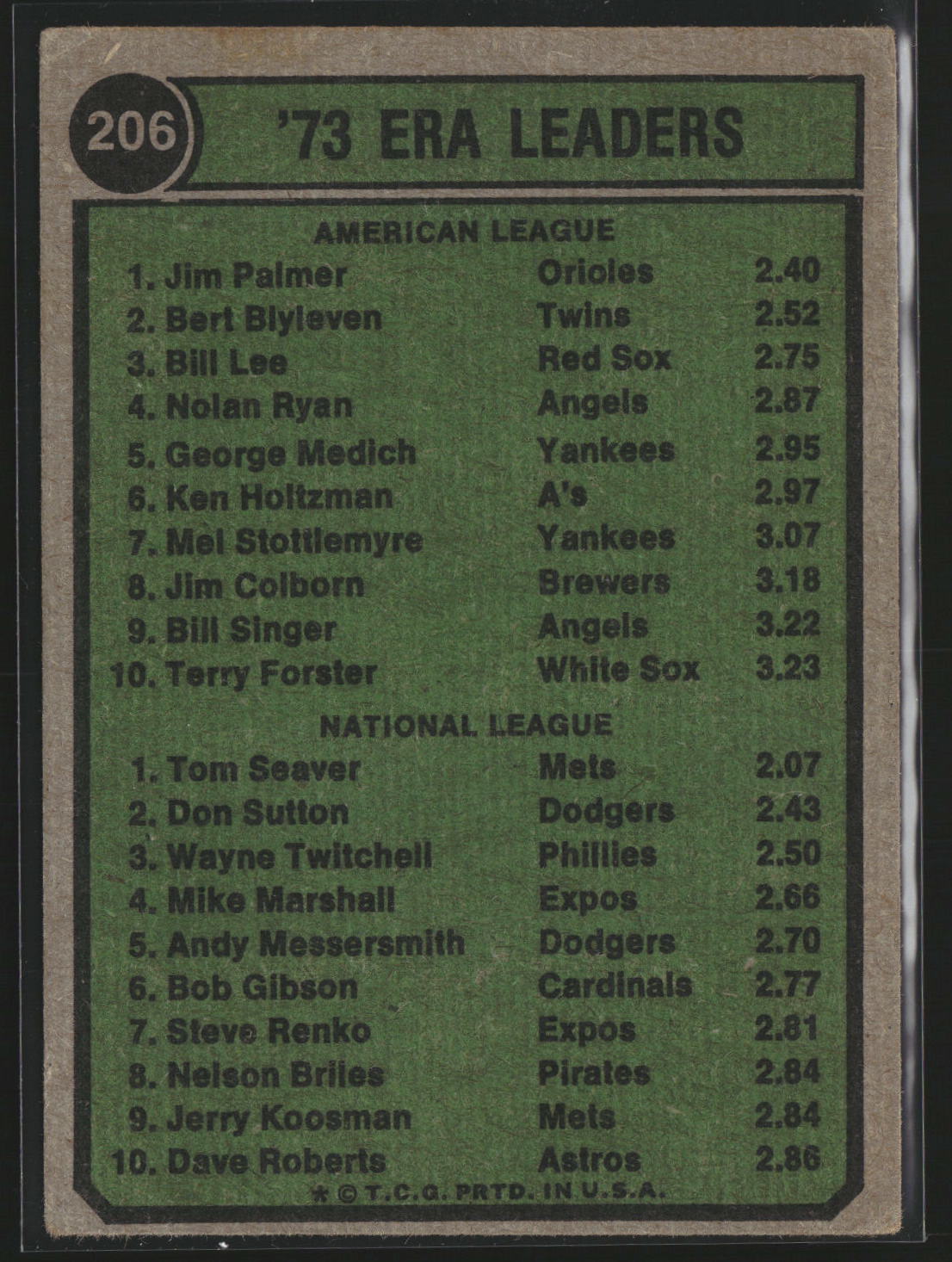 1973 Earned Average Leader (Jim Palmer / Tom Seaver) 1974 Topps 206 Very Good