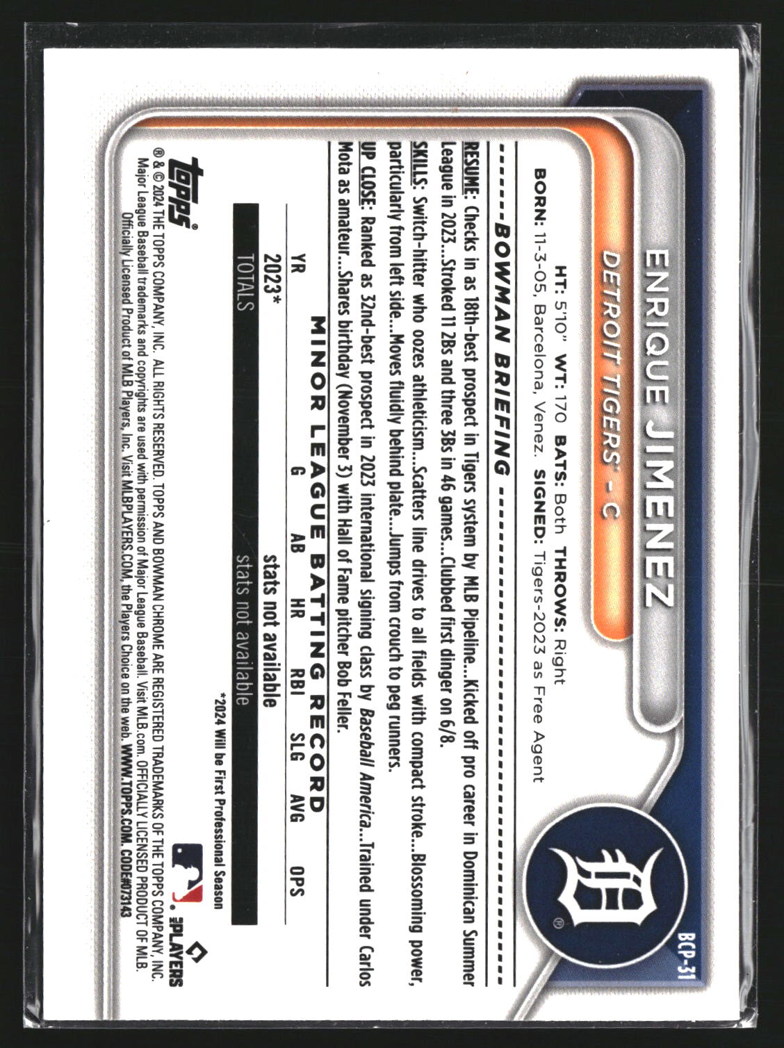 Enrique Jimenez 2024 Bowman BCP-31 Chrome Prospects Detroit Tigers