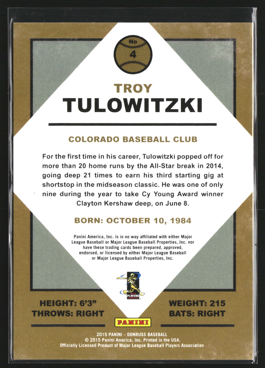 Troy Tulowitzki 2015 Donruss 4 The Elite Series SN Colorado Rockies