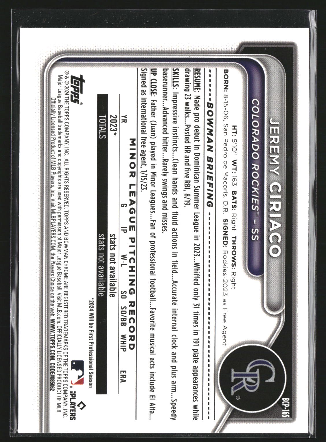 Jeremy Ciriaco 2024 Bowman Chrome BCP-165 Prospects Colorado Rockies