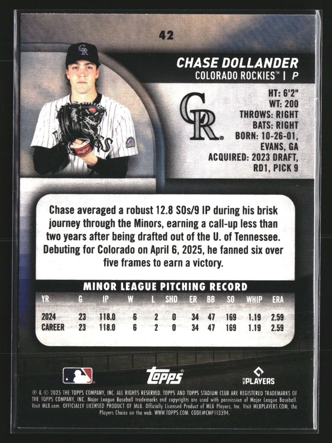 Chase Dollander 2025 Stadium Club 42 RC RC Colorado Rockies