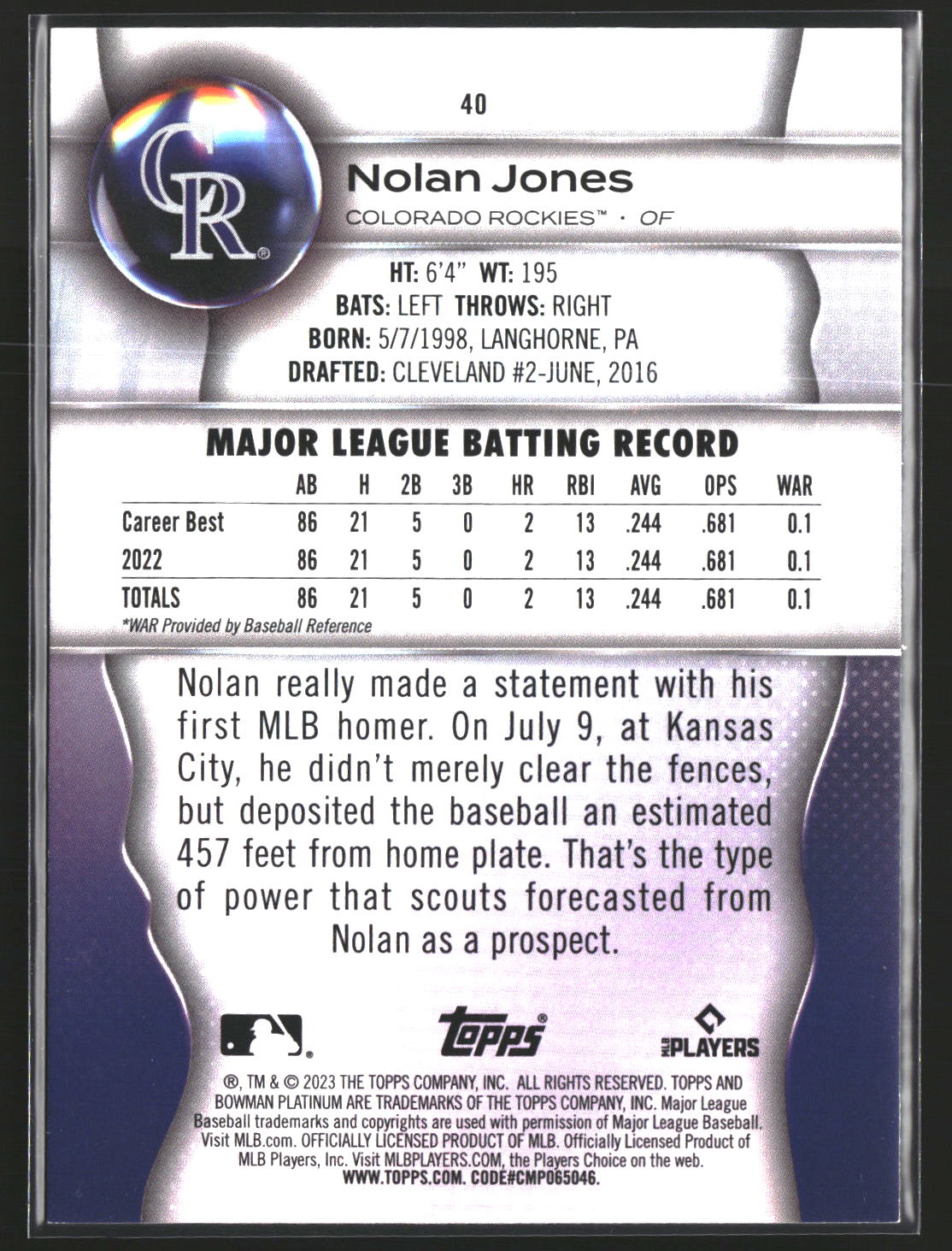 Nolan Jones 2023 Bowman Platinum 40 RC RC Colorado Rockies