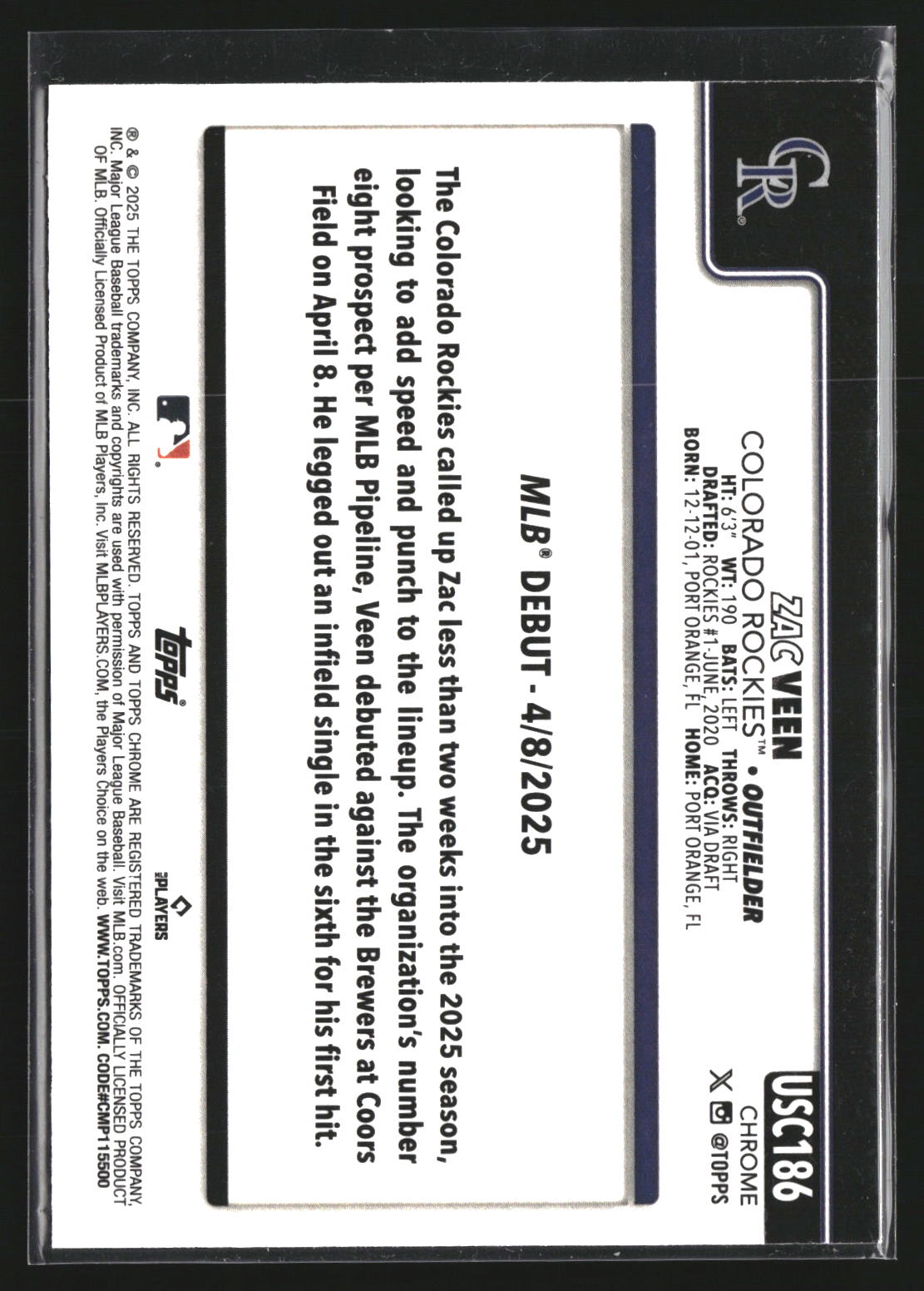 Zac Veen 2025 Topps Chrome Update USC186 X-Fractors Colorado Rockies
