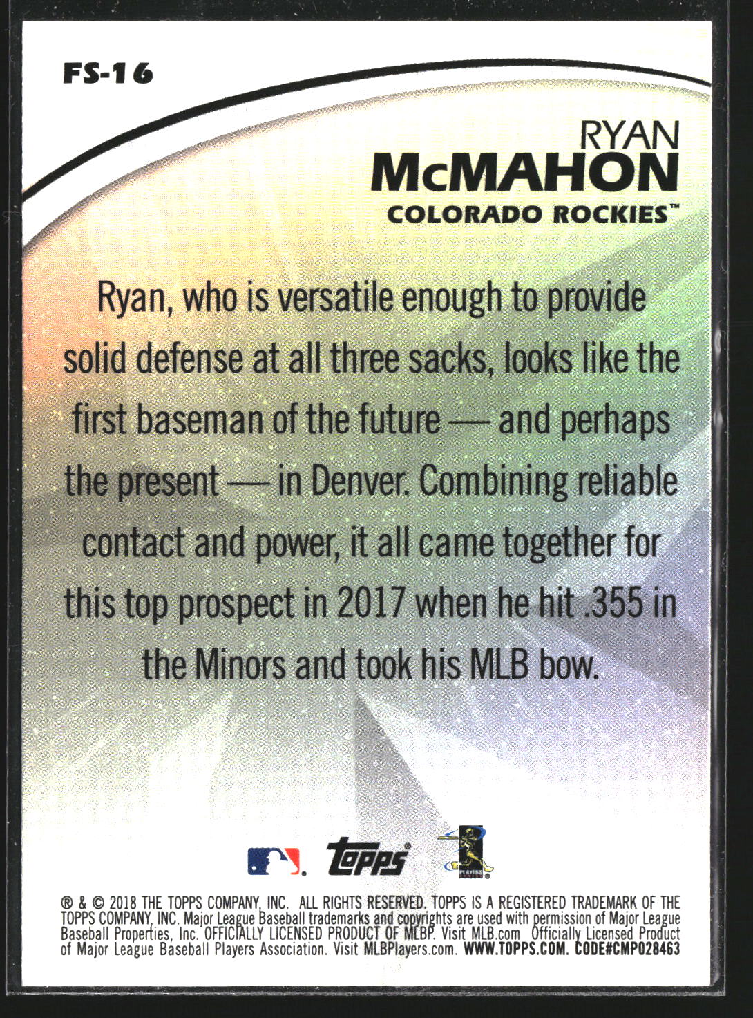 Ryan McMahon 2018 Topps FS-16 Future Stars Colorado Rockies