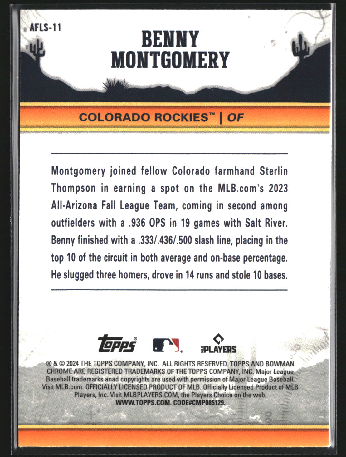 Benny Montgomery 2024 Bowman Chrome AFLS-11 2023 AFL Fall Stars Colorado Rockies