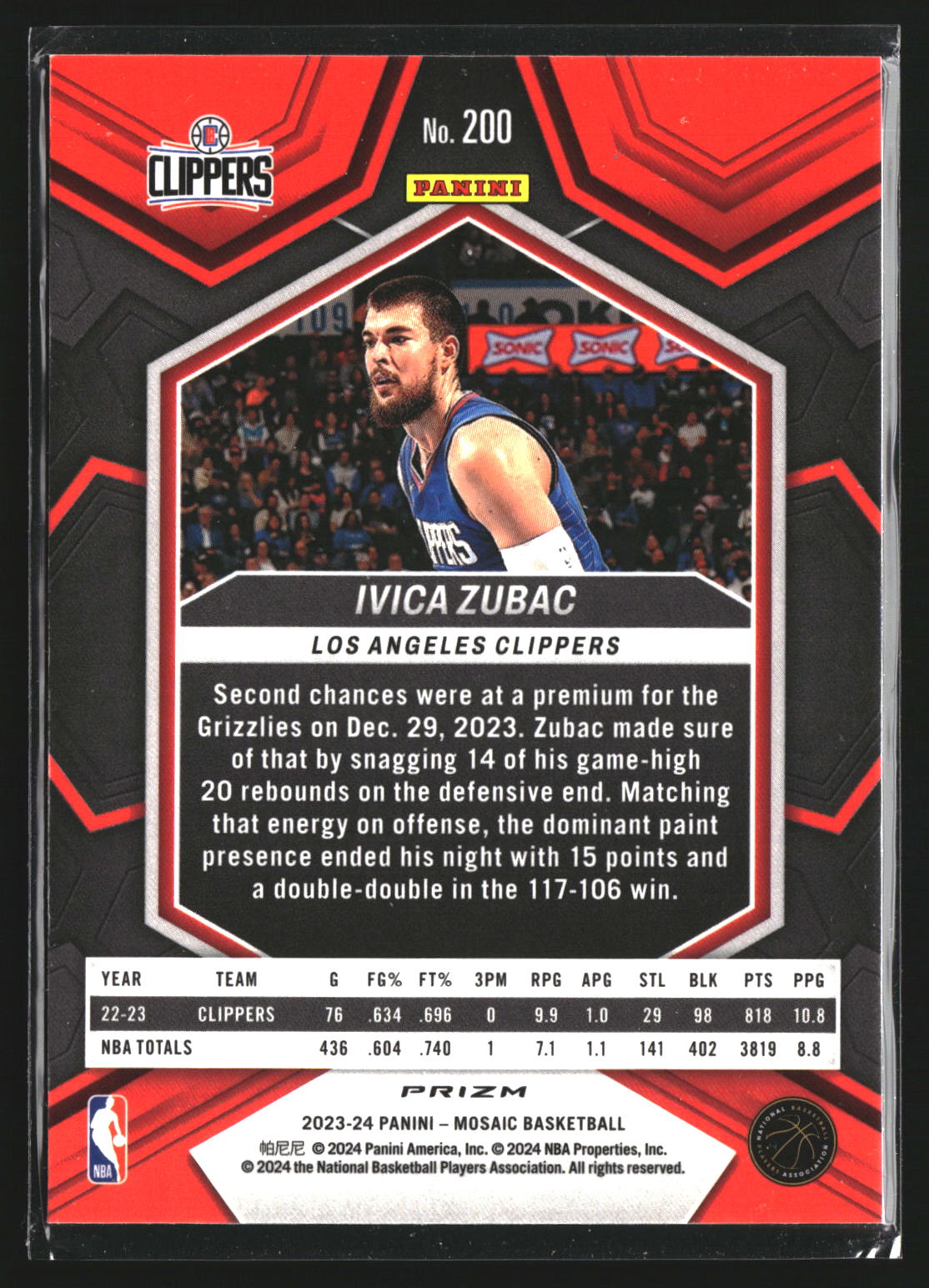 Ivica Zubac 2023-24 Panini Mosaic 200 Reactive Blue Los Angeles Clippers