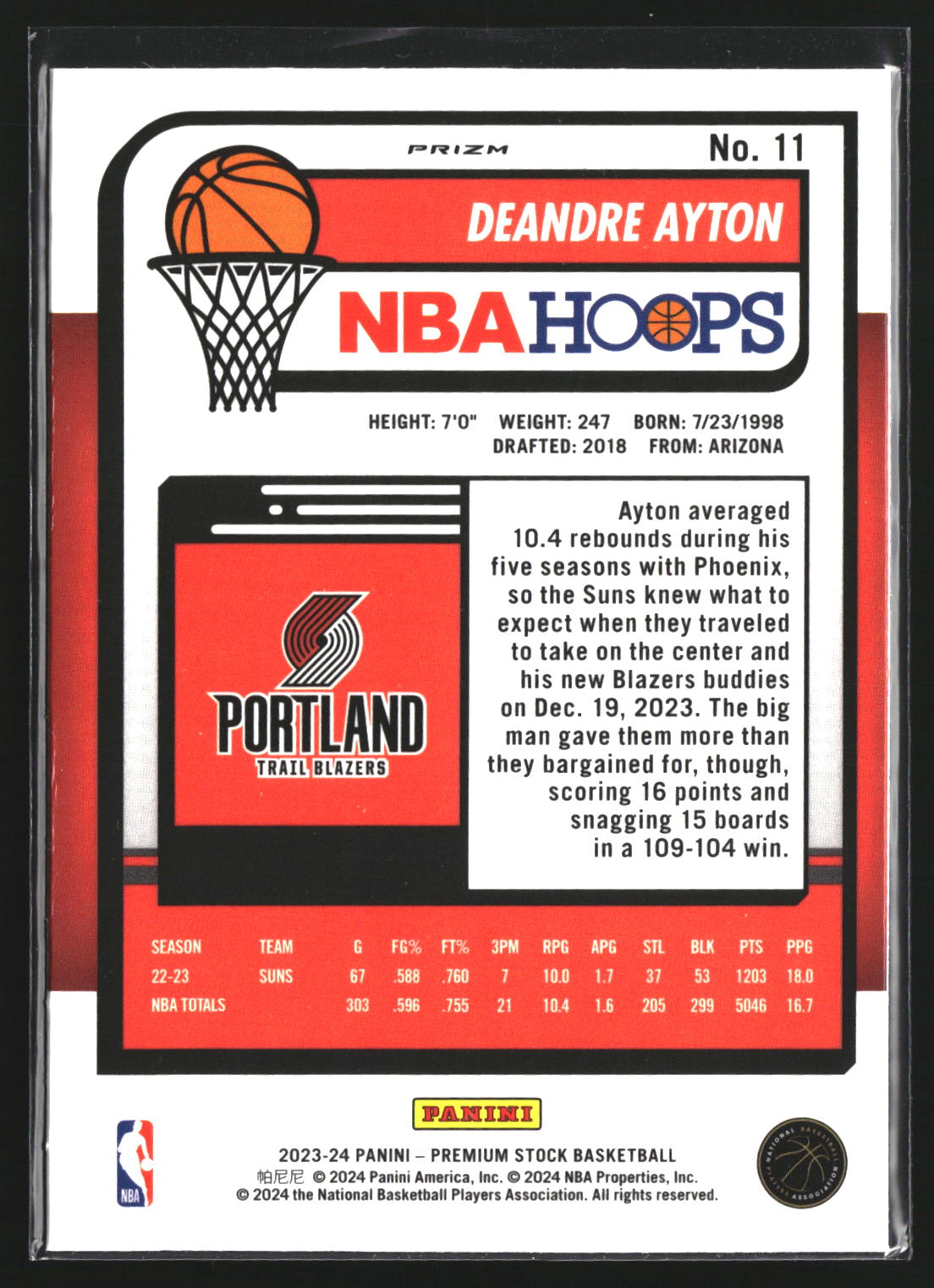 Deandre Ayton 2023-24 Hoops Premium Stock 11 Seismic Prizm Trail Blazers