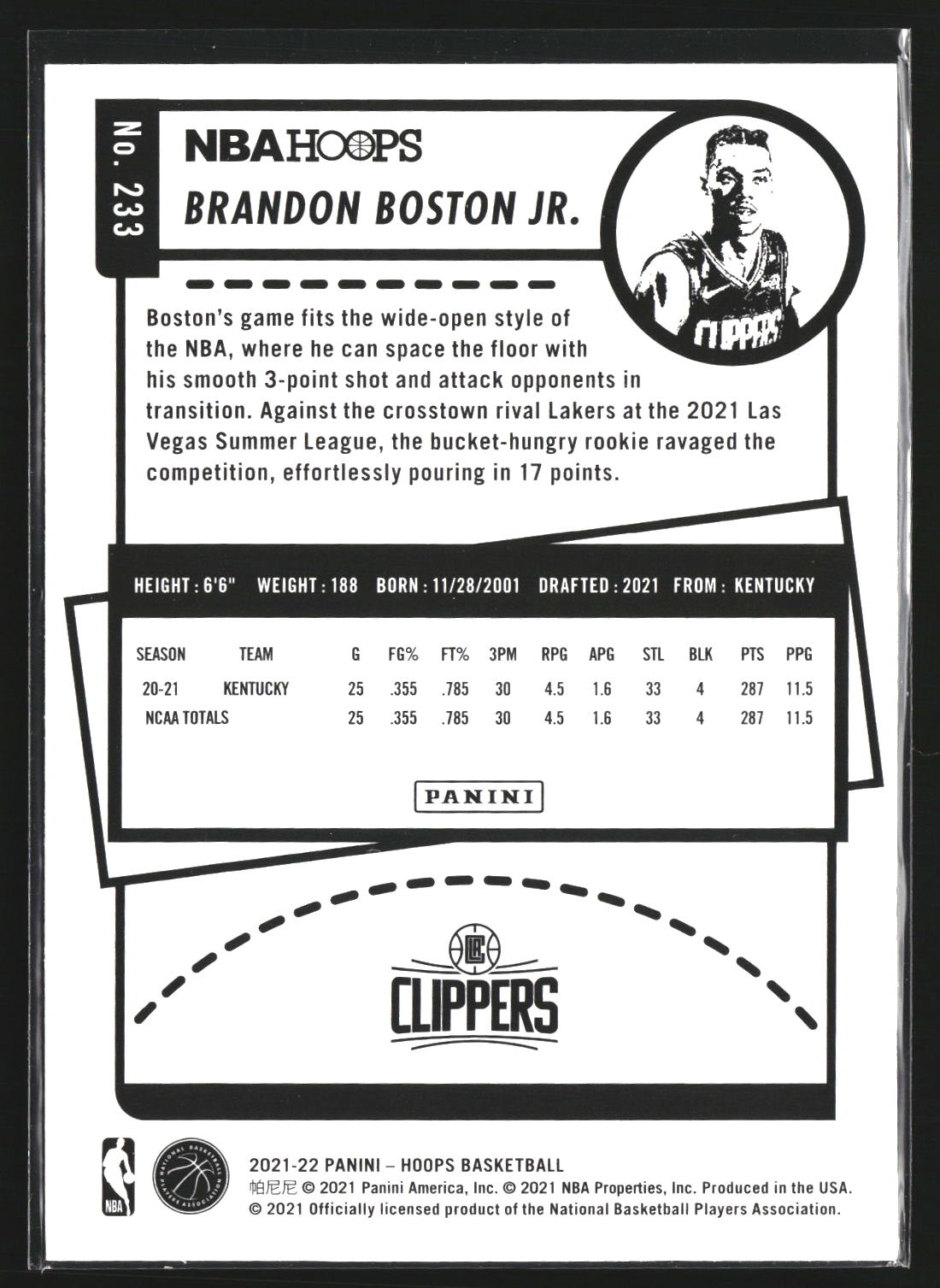 Brandon Boston Jr. 2021-22 Hoops 233 RC RC Los Angeles Clippers