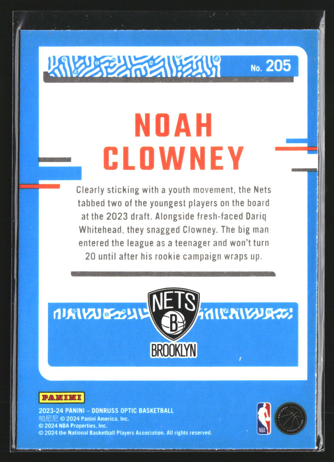 Noah Clowney 2023-24 Donruss Optic 205 RC RC Brooklyn Nets