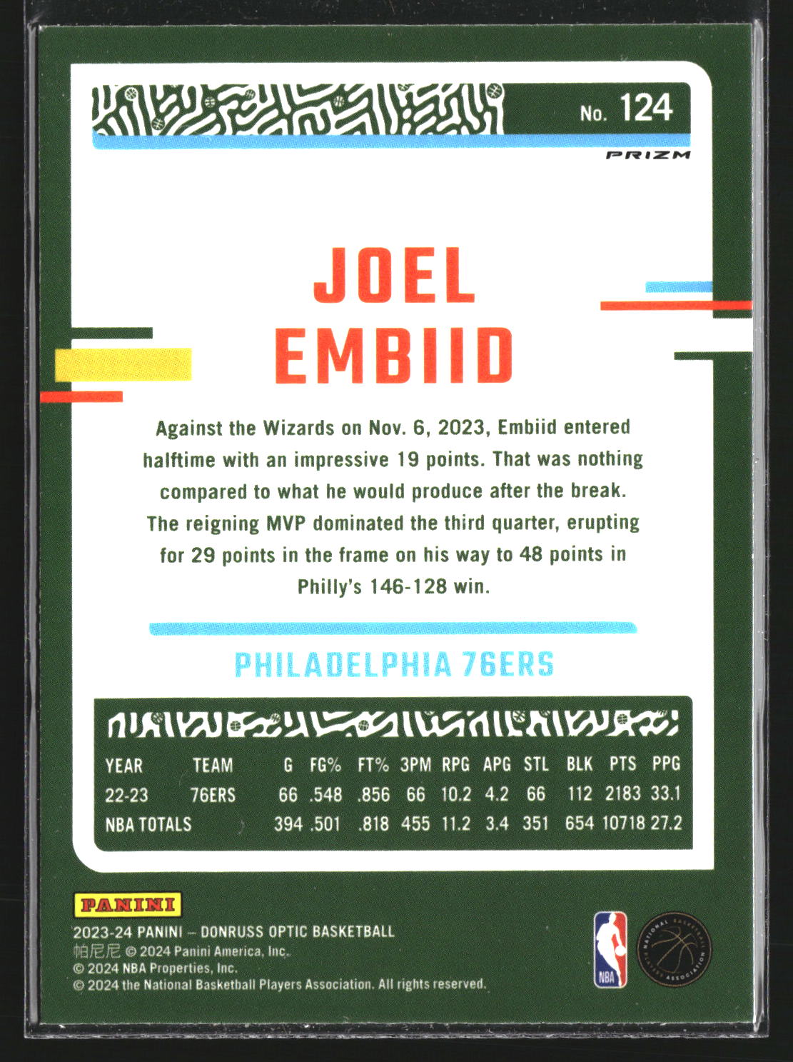 Joel Embiid 2023-24 Donruss Optic 124 Purple Shock Philadelphia 76ers