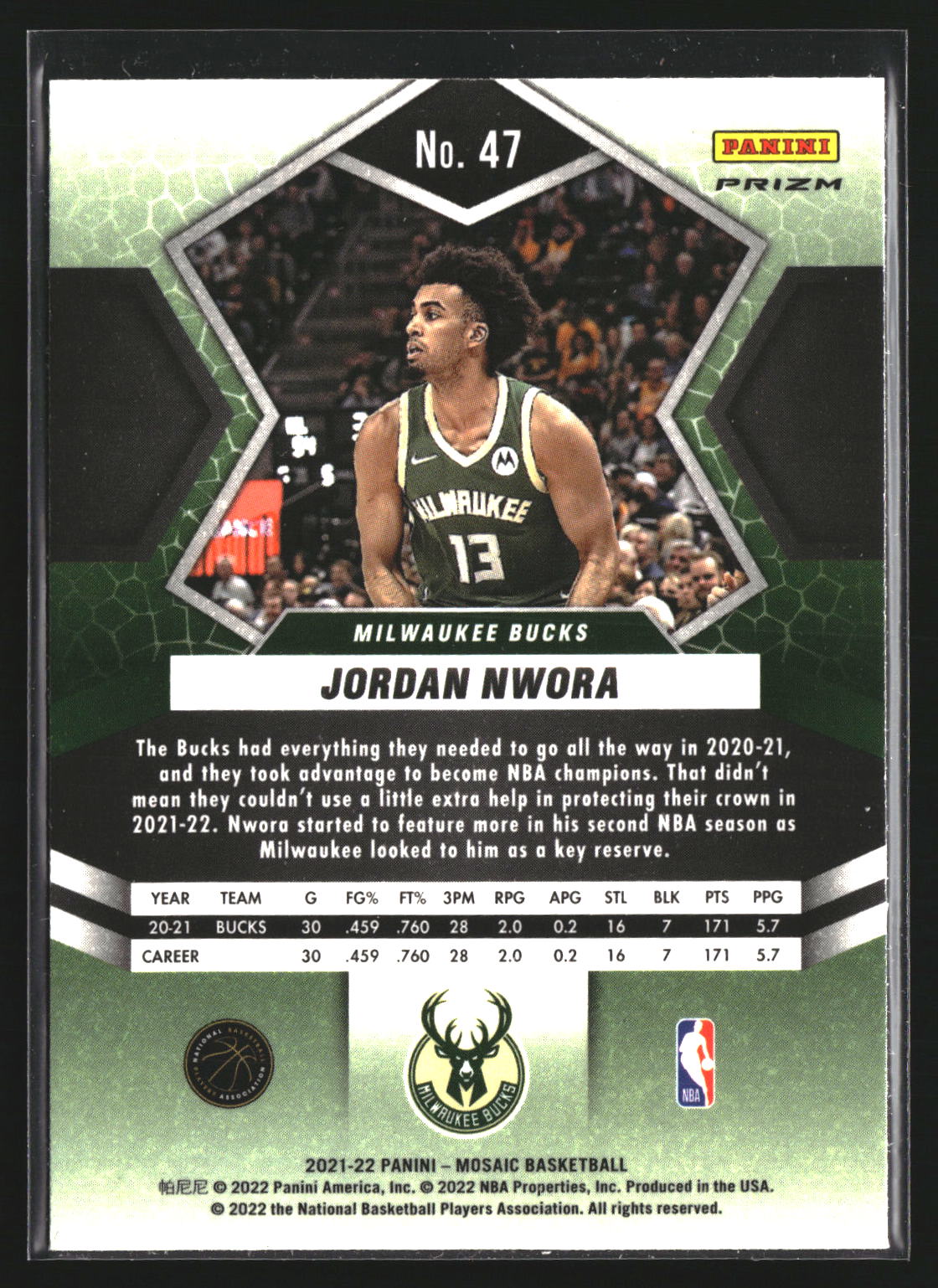 Jordan Nwora 2021-22 Panini Mosaic 47 Mosaic Milwaukee Bucks