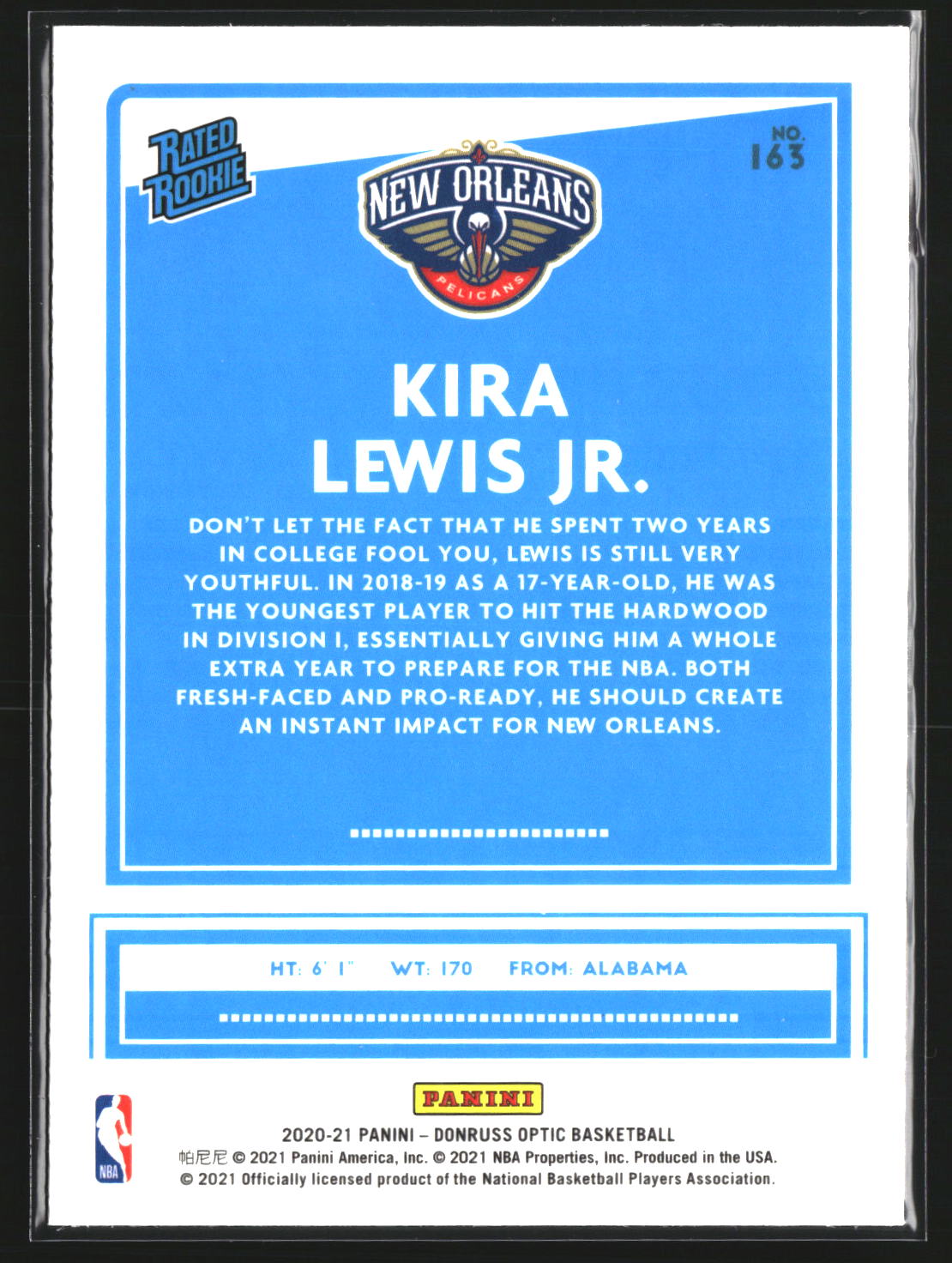 Kira Lewis Jr. 2020-21 Donruss Optic 163 RC RC New Orleans Pelicans