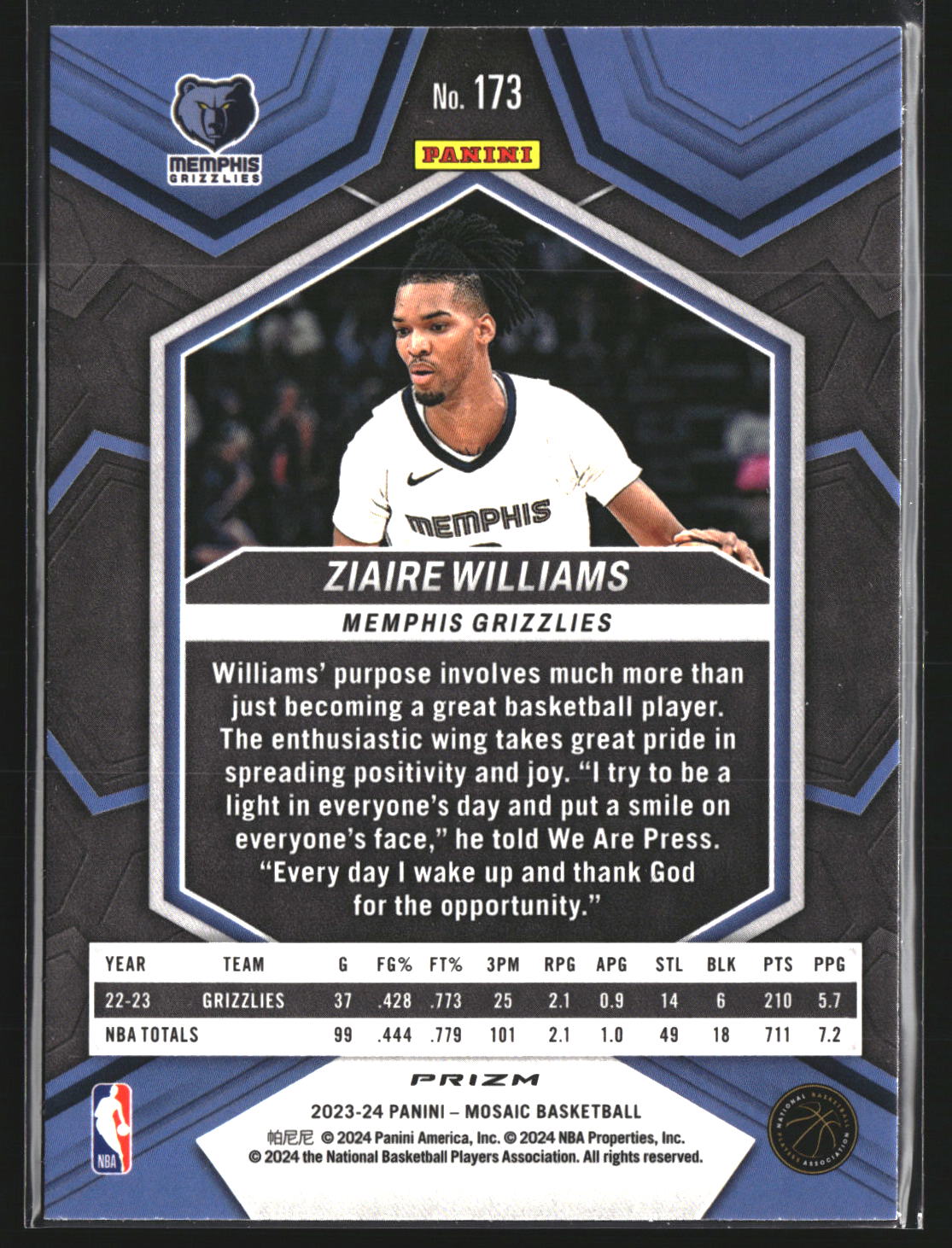 Ziaire Williams 2023-24 Panini Mosaic 173 Reactive Yellow Memphis Grizzlies
