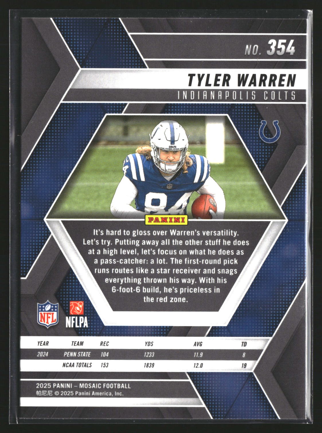 Tyler Warren 2025 Panini Mosaic 354 RC RC Indianapolis Colts
