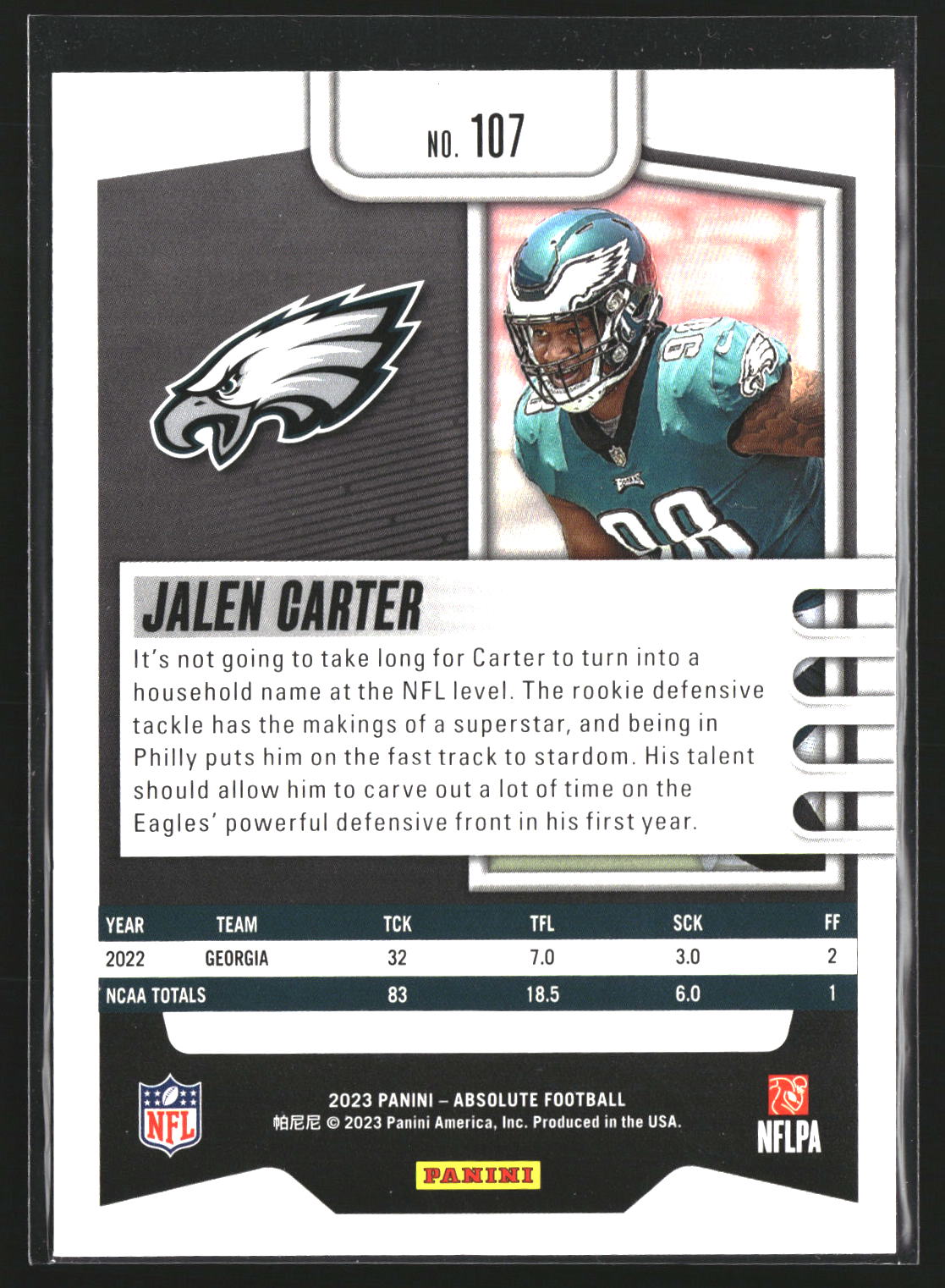 Jalen Carter 2023 Panini Absolute 107 Retail RC RC Philadelphia Eagles