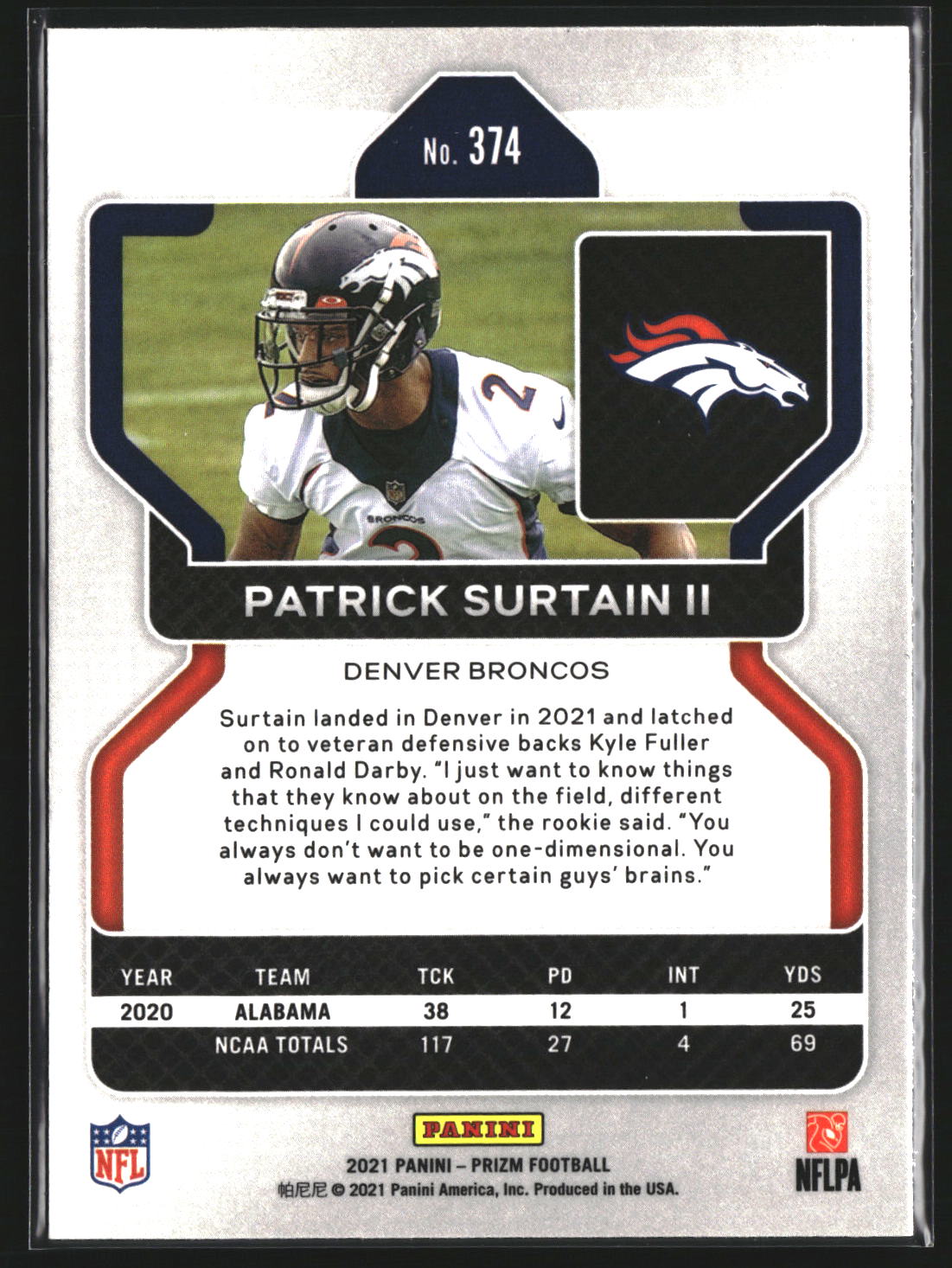 Patrick Surtain II 2021 Panini Prizm 374 RC RC Denver Broncos