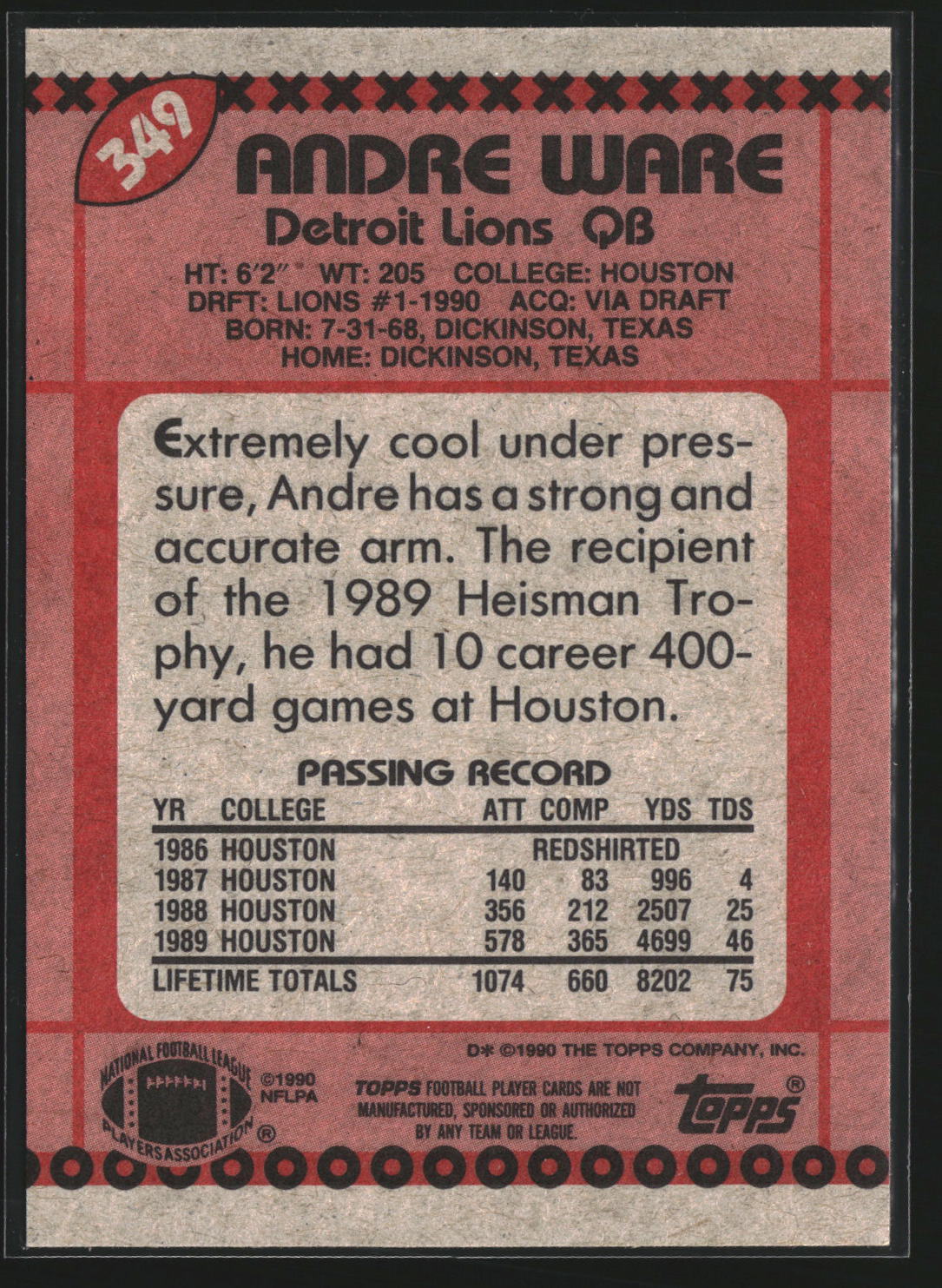 Andre Ware 1990 Topps 349 RC RC Detroit Lions