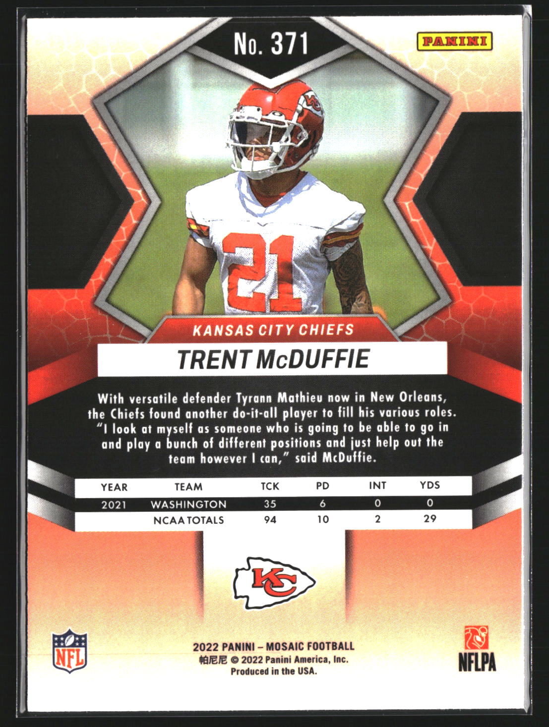 Trent McDuffie 2022 Panini Mosaic 371 RC RC Kansas City Chiefs