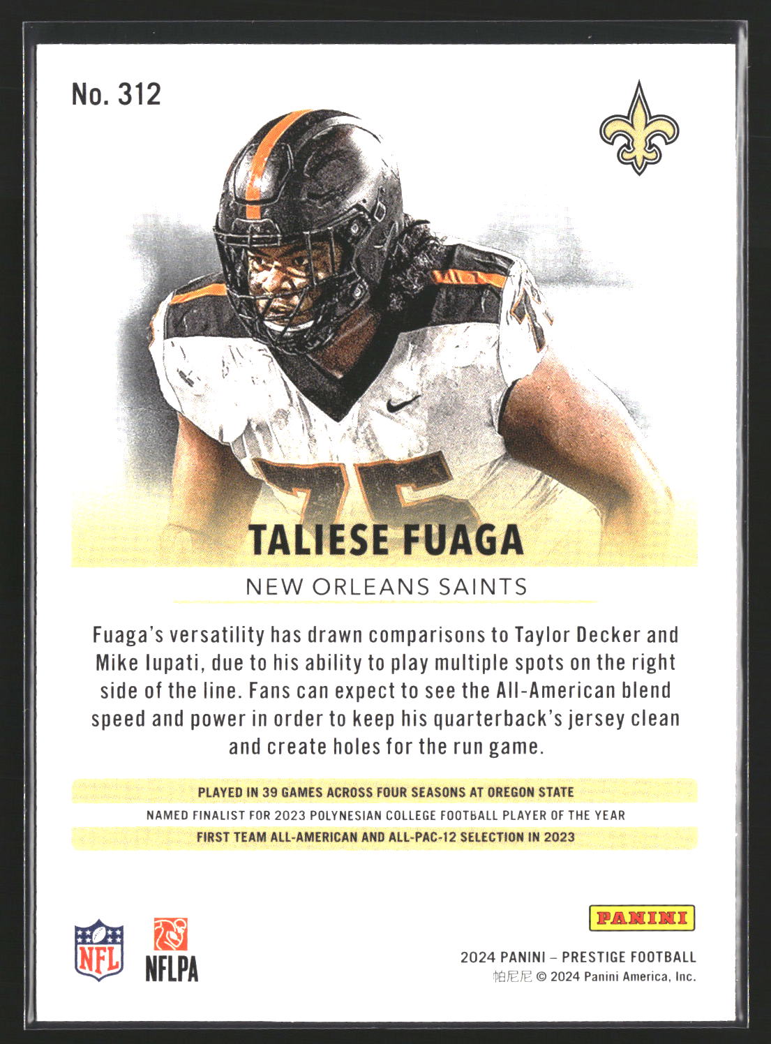 Taliese Fuaga 2024 Panini Prestige 312 RC RC New Orleans Saints