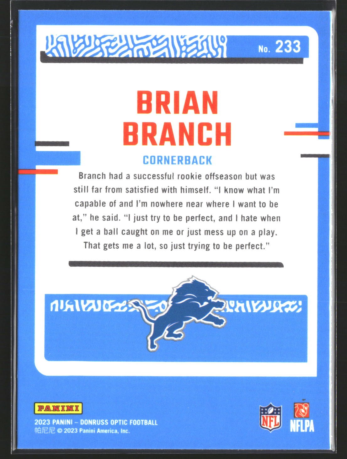 Brian Branch 2023 Donruss Optic 233 RC RC Detroit Lions