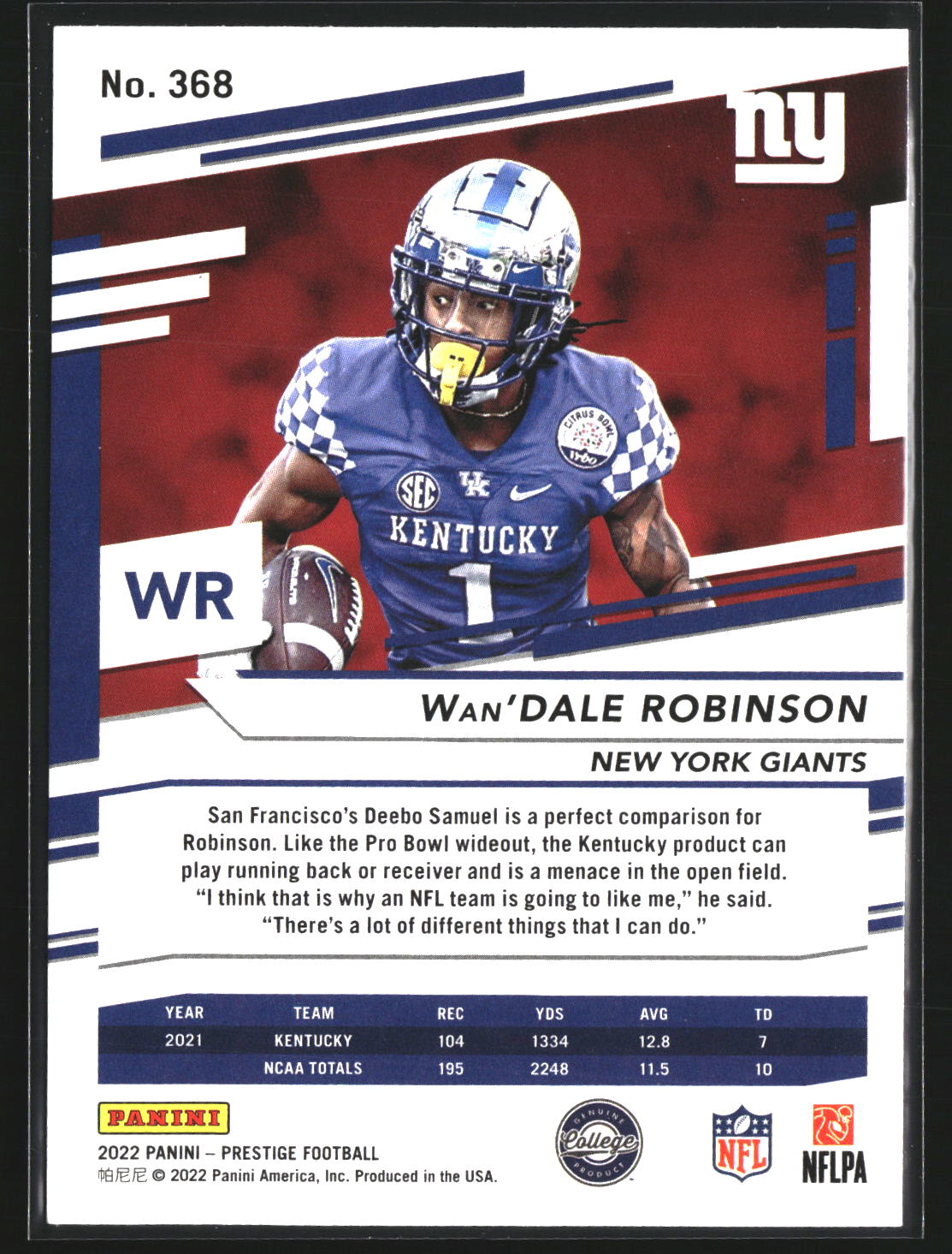 Wan'Dale Robinson 2022 Panini Prestige 368 RC RC New York Giants
