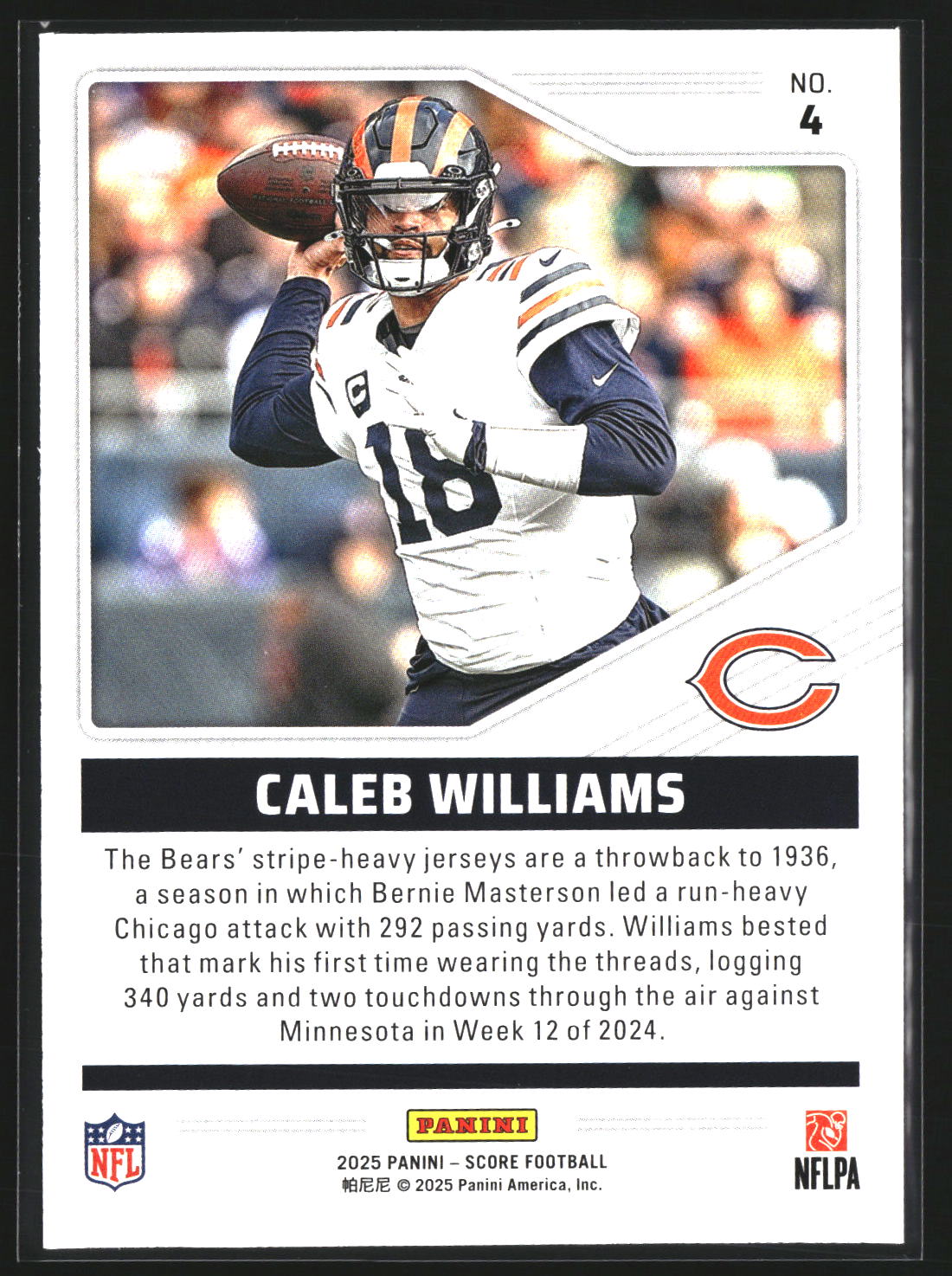 Caleb Williams 2025 Score 4 Throwbacks Gold Chicago Bears