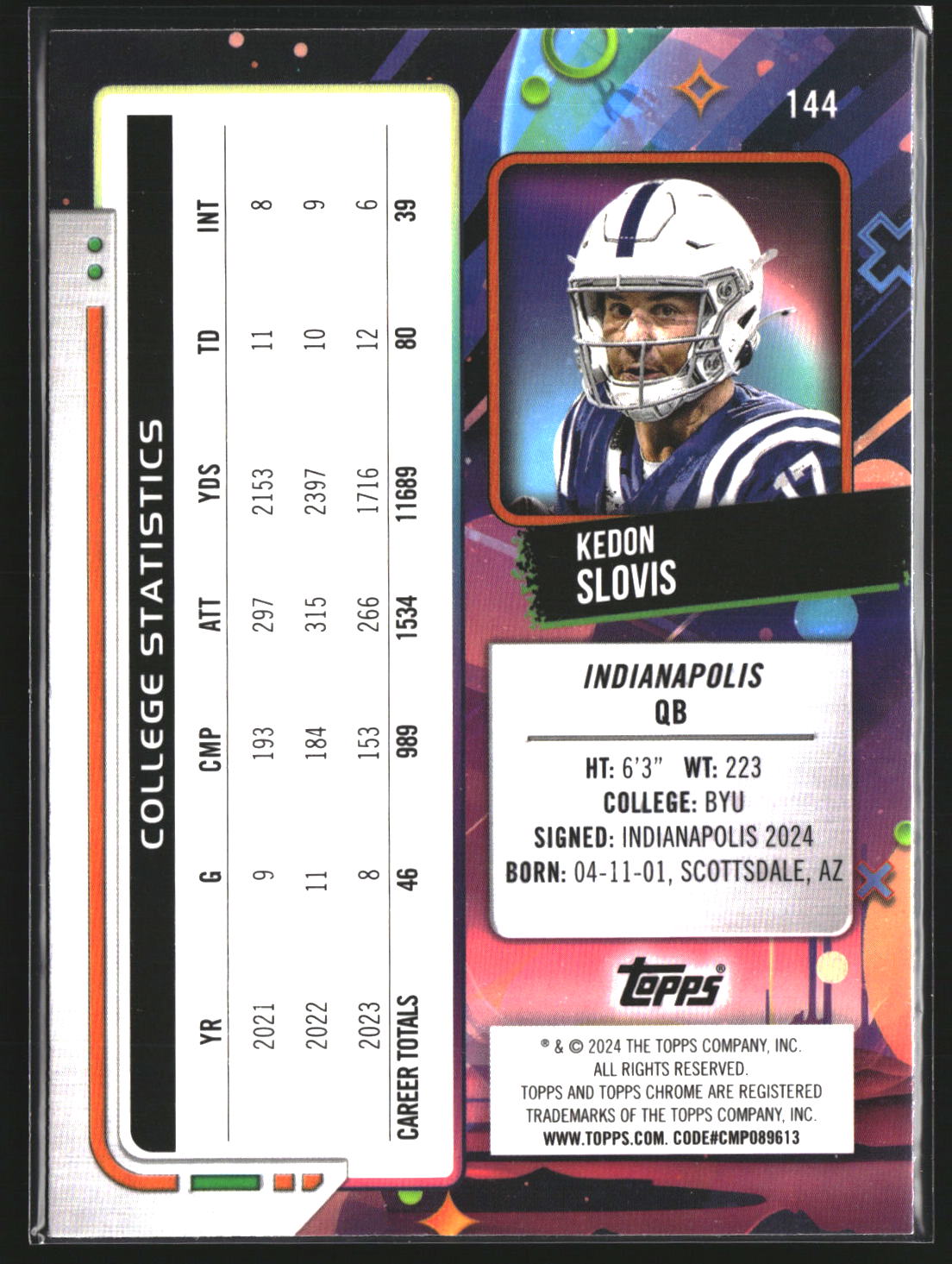 Kedon Slovis 2024 Topps Chrome Cosmic 144 RC RC Indianapolis Colts