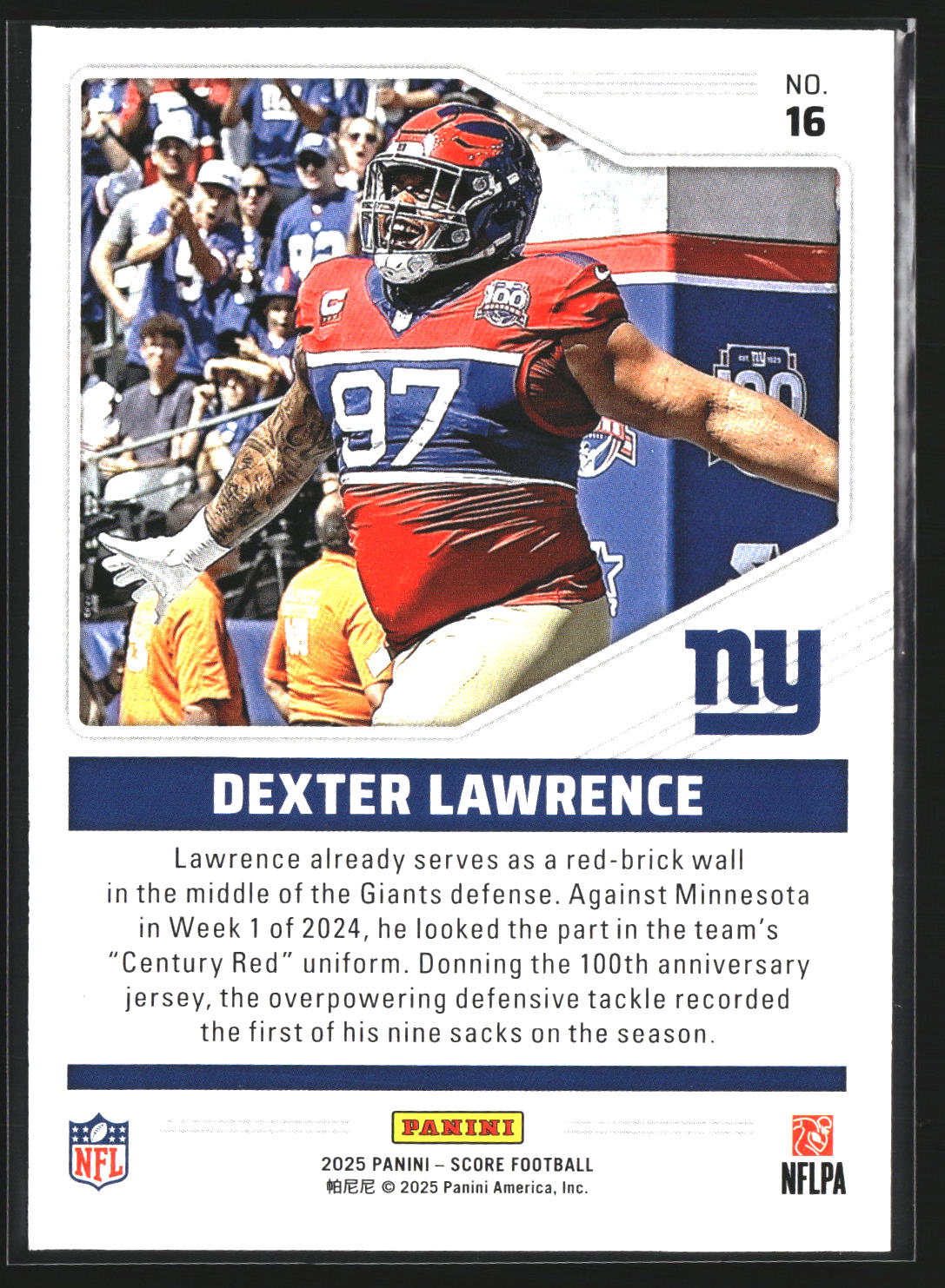 Dexter Lawrence 2025 Score 16 Throwbacks New York Giants