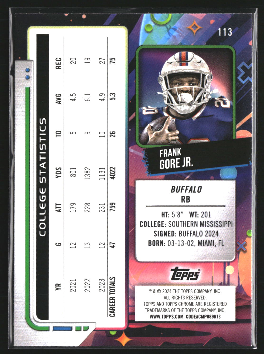 Frank Gore Jr. 2024 Topps Chrome Cosmic 113 RC RC Buffalo Bills