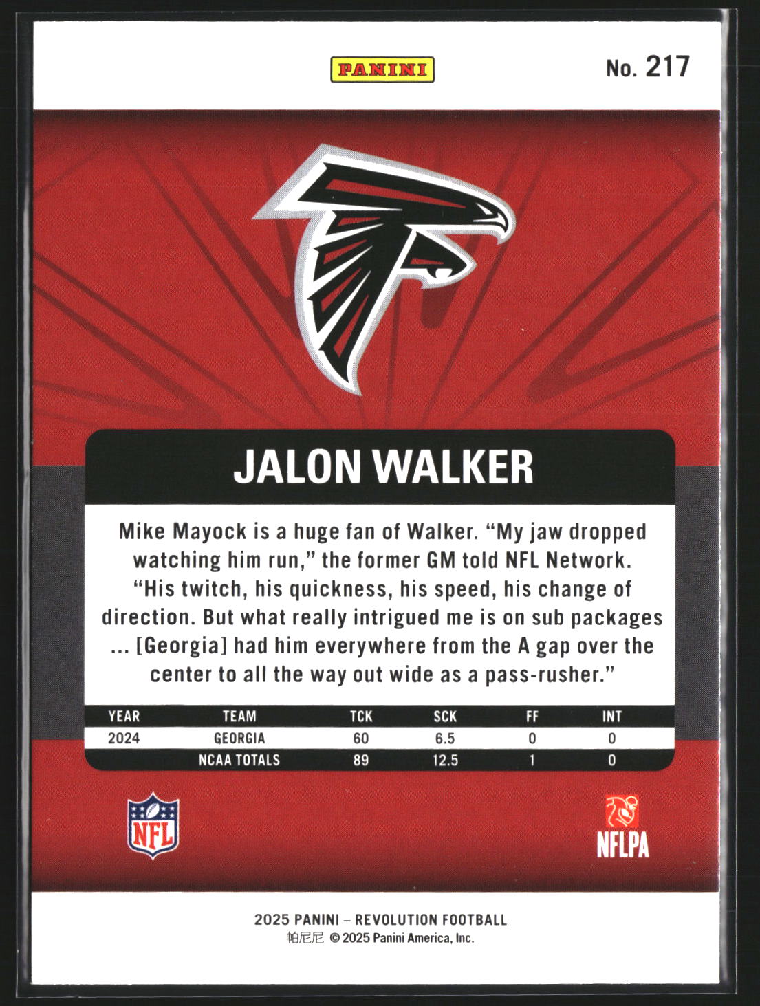 Jalon Walker 2025 Panini Revolution 217 RC RC Atlanta Falcons
