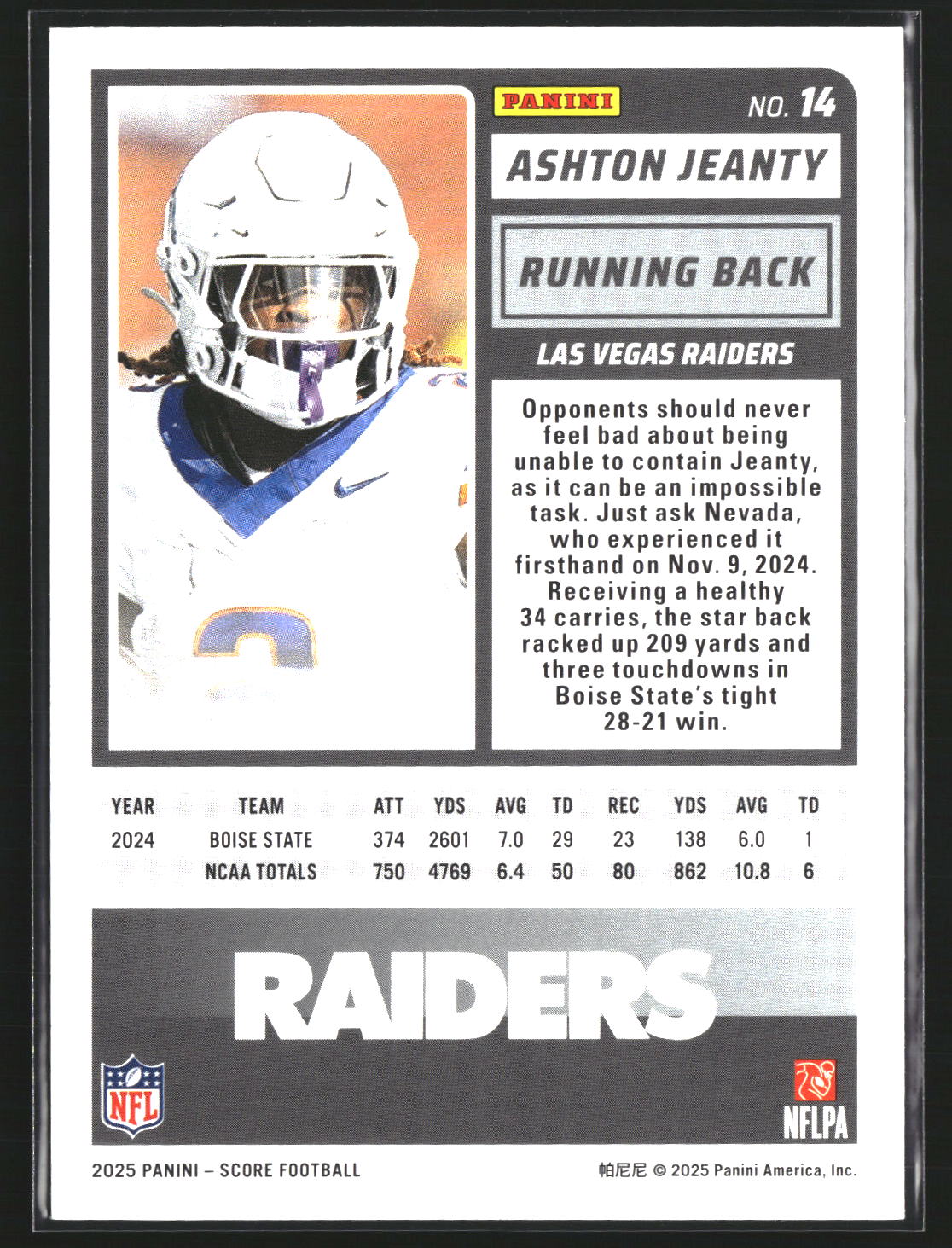 Ashton Jeanty 2025 Score-A-Treat 14 RC RC Las Vegas Raiders